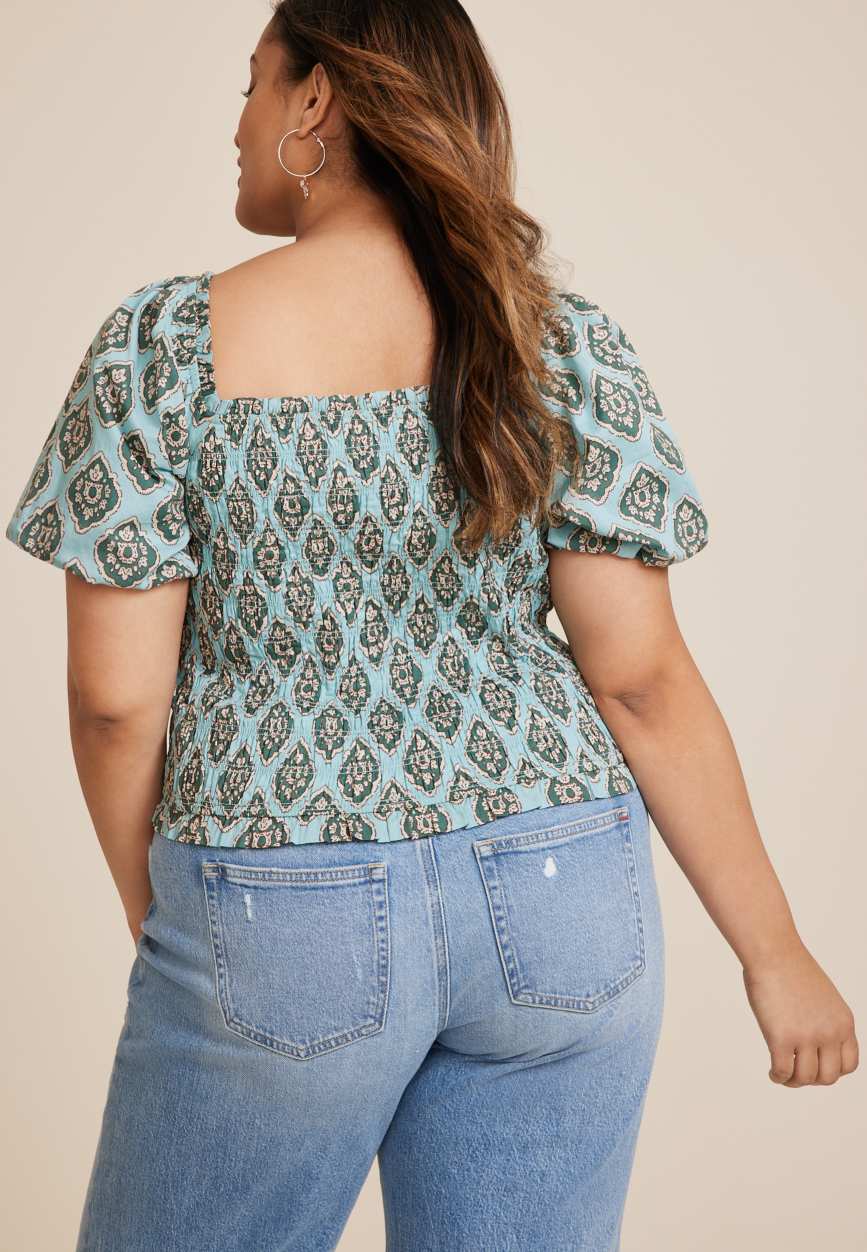 Plus Size Medallion Smocked Puff Sleeve Blouse, Teal Combo, large