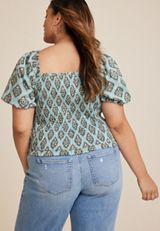 Plus Size Medallion Smocked Puff Sleeve Blouse, Teal Combo, small