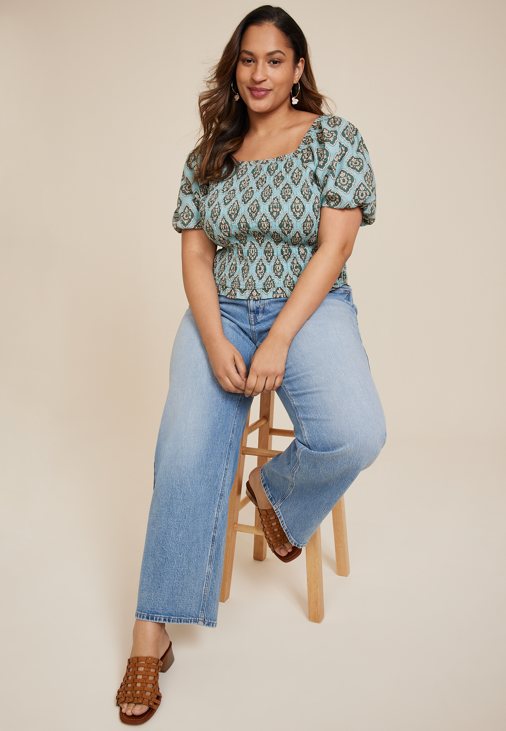 Plus Size Medallion Smocked Puff Sleeve Blouse, Teal Combo, large