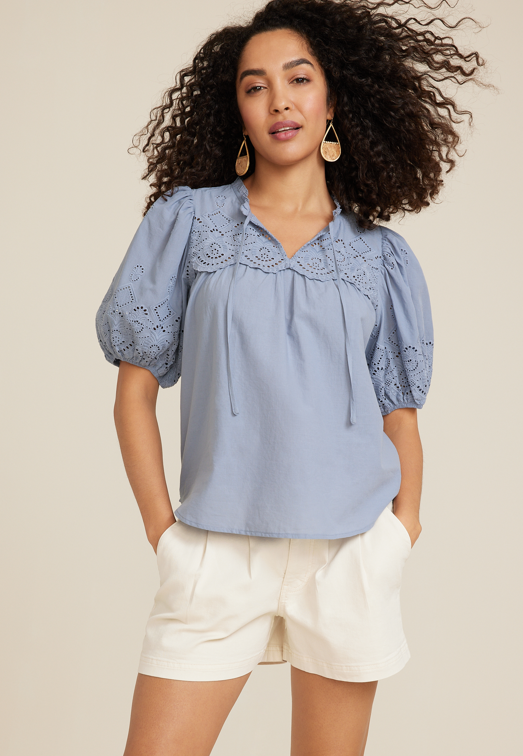 Eyelet Tie Front Blouse