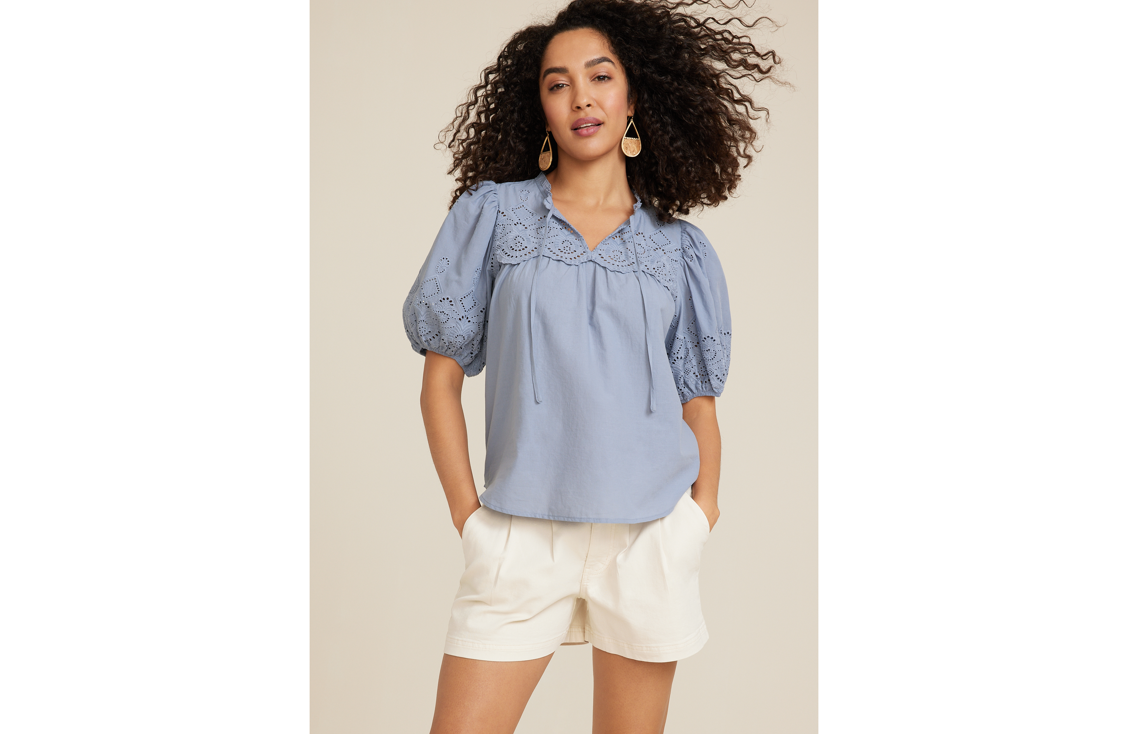 Eyelet Tie Front Blouse