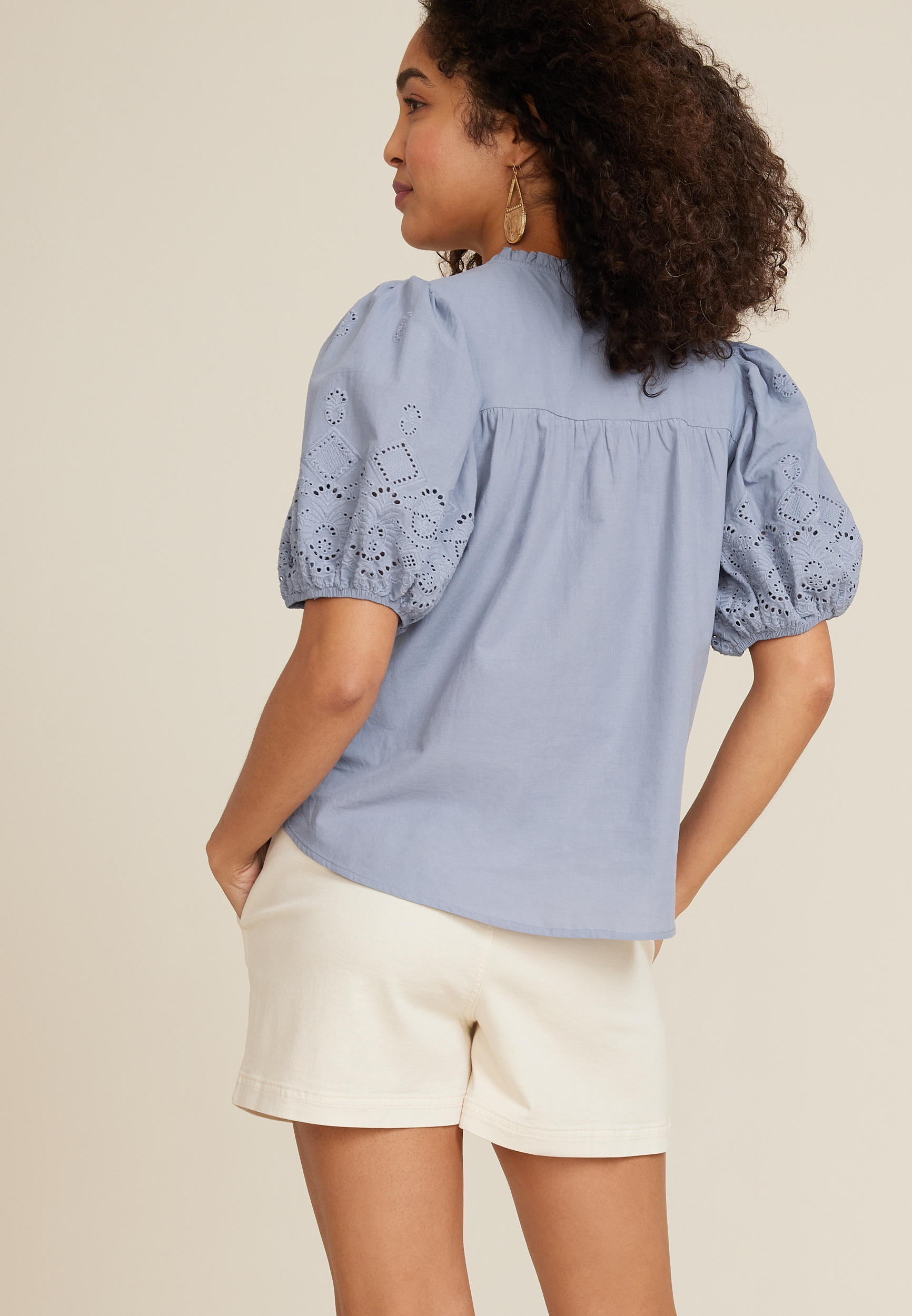 Eyelet Tie Front Blouse, Blue Fade, large