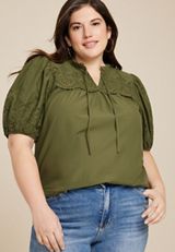 Plus Size Eyelet Tie Front Blouse, C9316, small