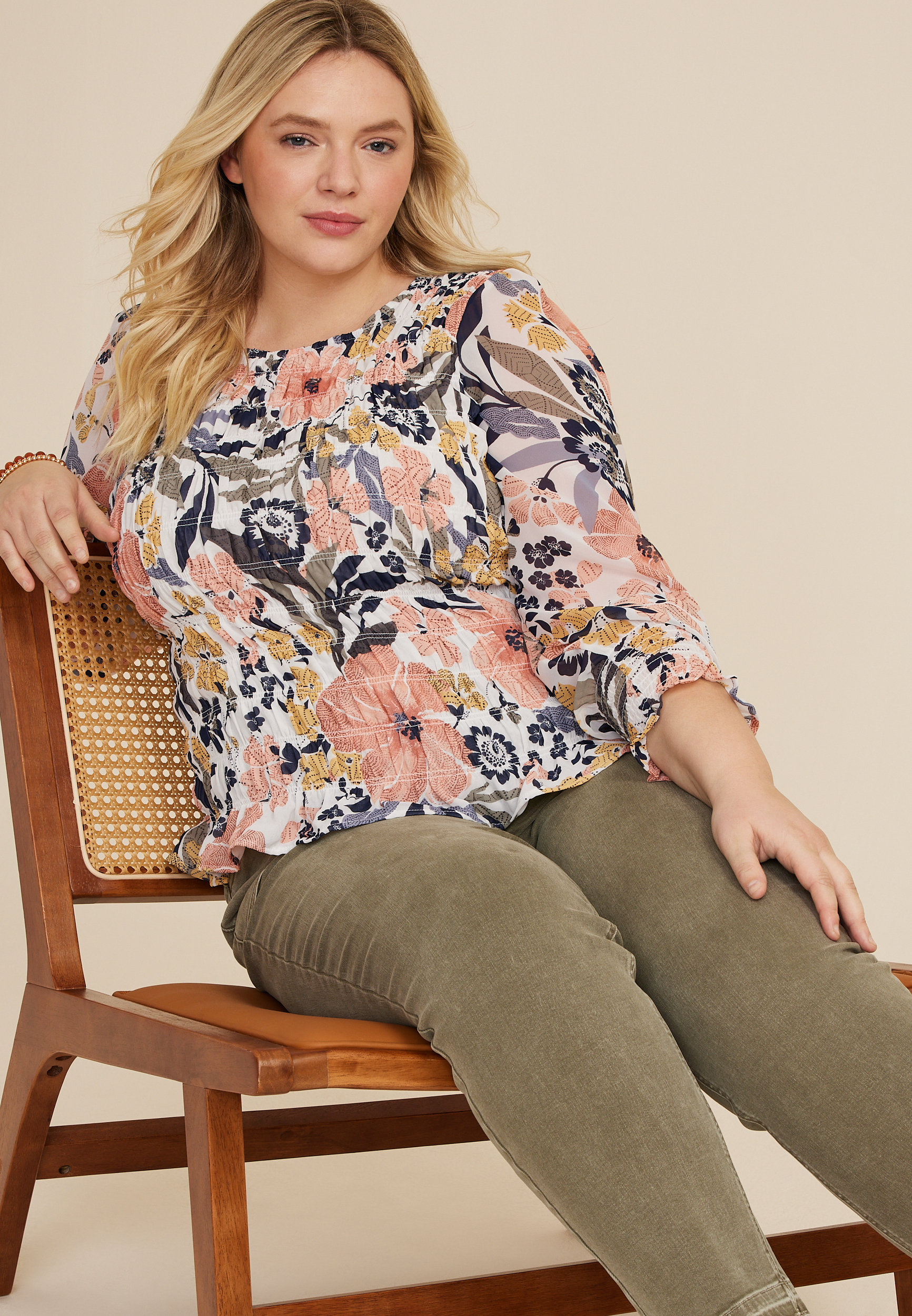 Plus Size Floral Smocked Blouse, C1524, large
