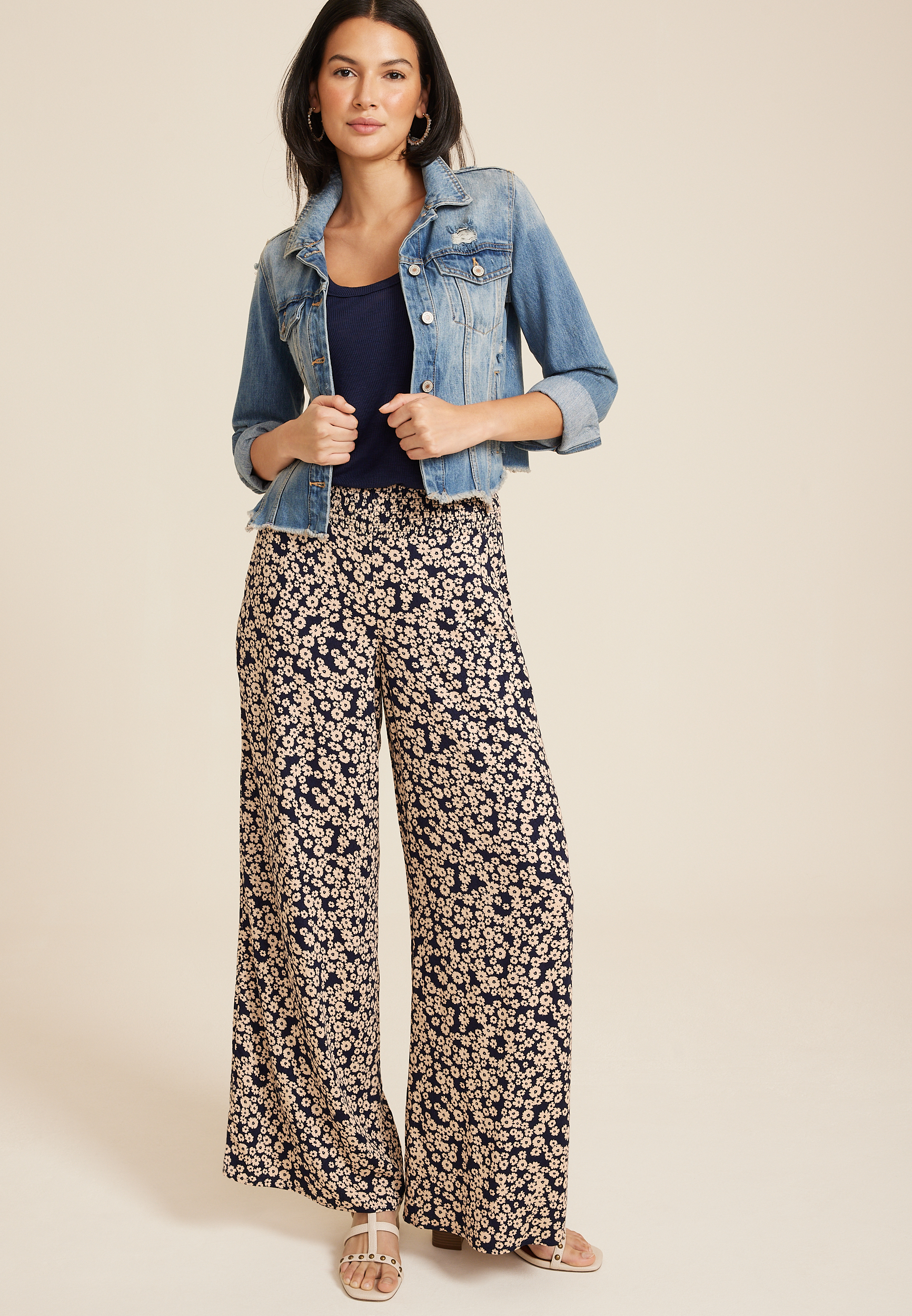 High Rise Floral Print Palazzo Wide Leg Pant, NAVY COMBO, large