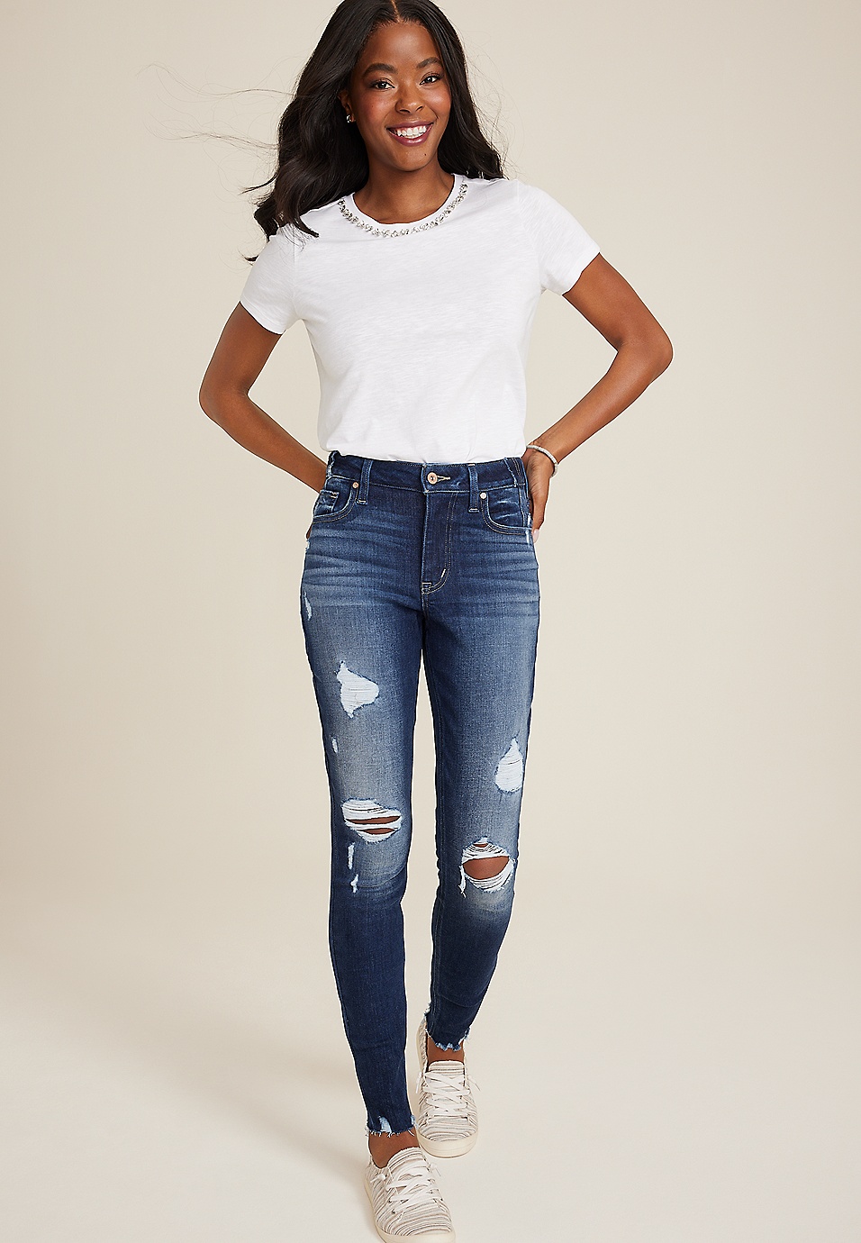 Stylish High Waisted Skinny Denim Pants With Ripped Detail For