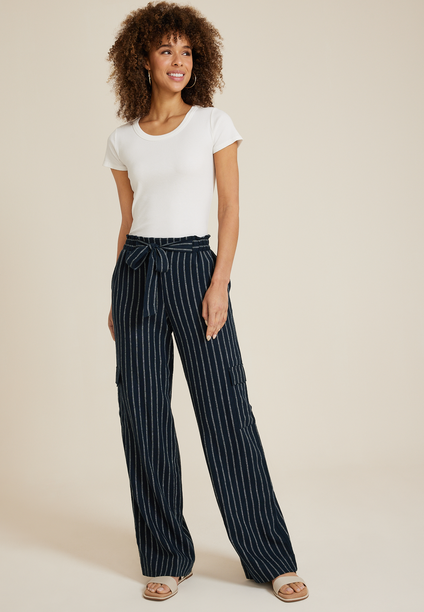 Navy Striped High Rise Wide Leg Cargo Pant | maurices