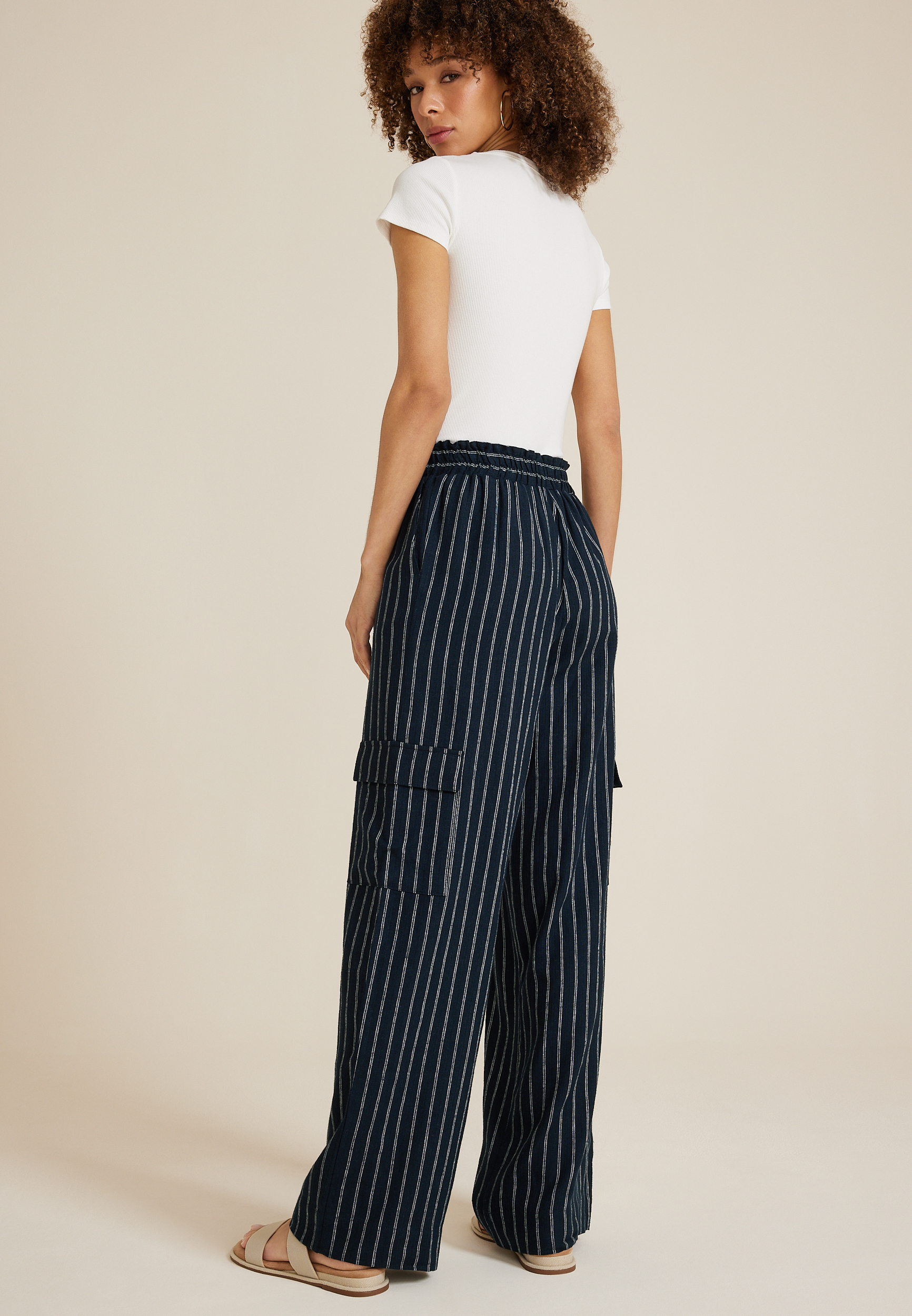 Navy Striped High Rise Wide Leg Cargo Pant, NAVY COMBO, large