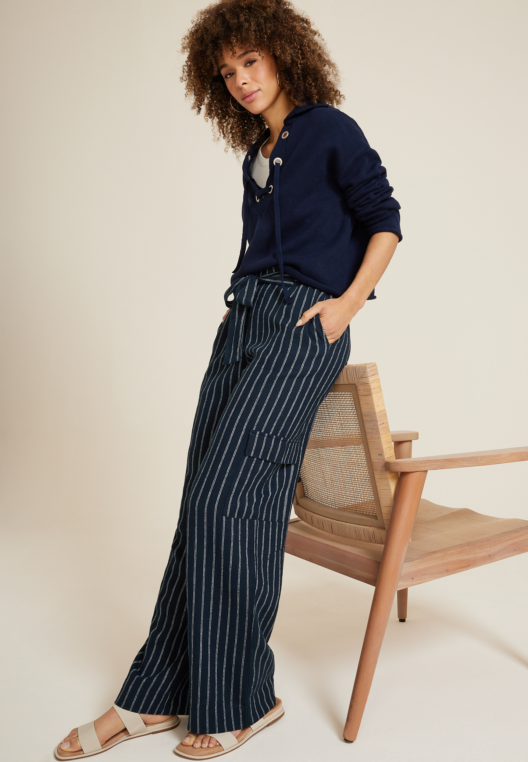 Navy Striped High Rise Wide Leg Cargo Pant, NAVY COMBO, large