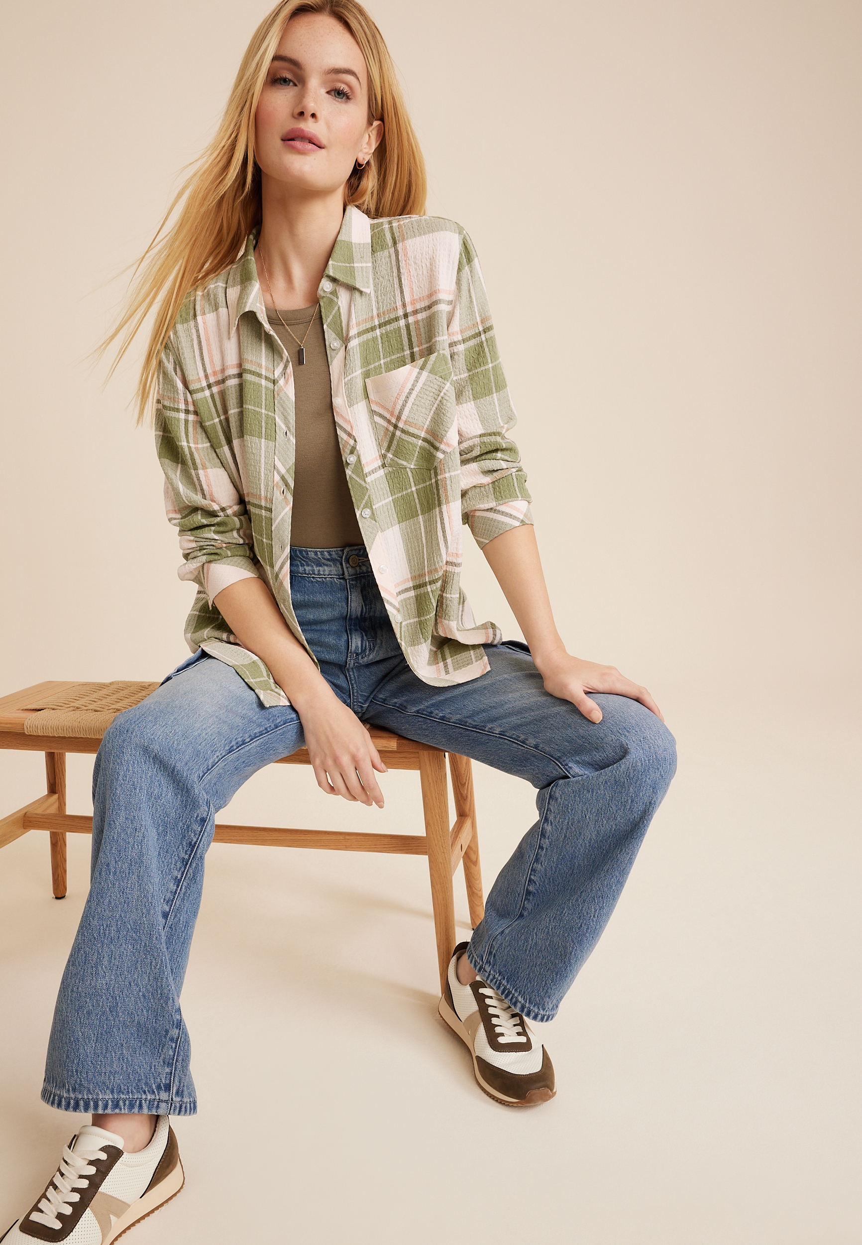 Pucker Plaid Button Up Shirt