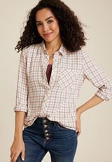 Pucker Plaid Button Up Shirt, C6136, small