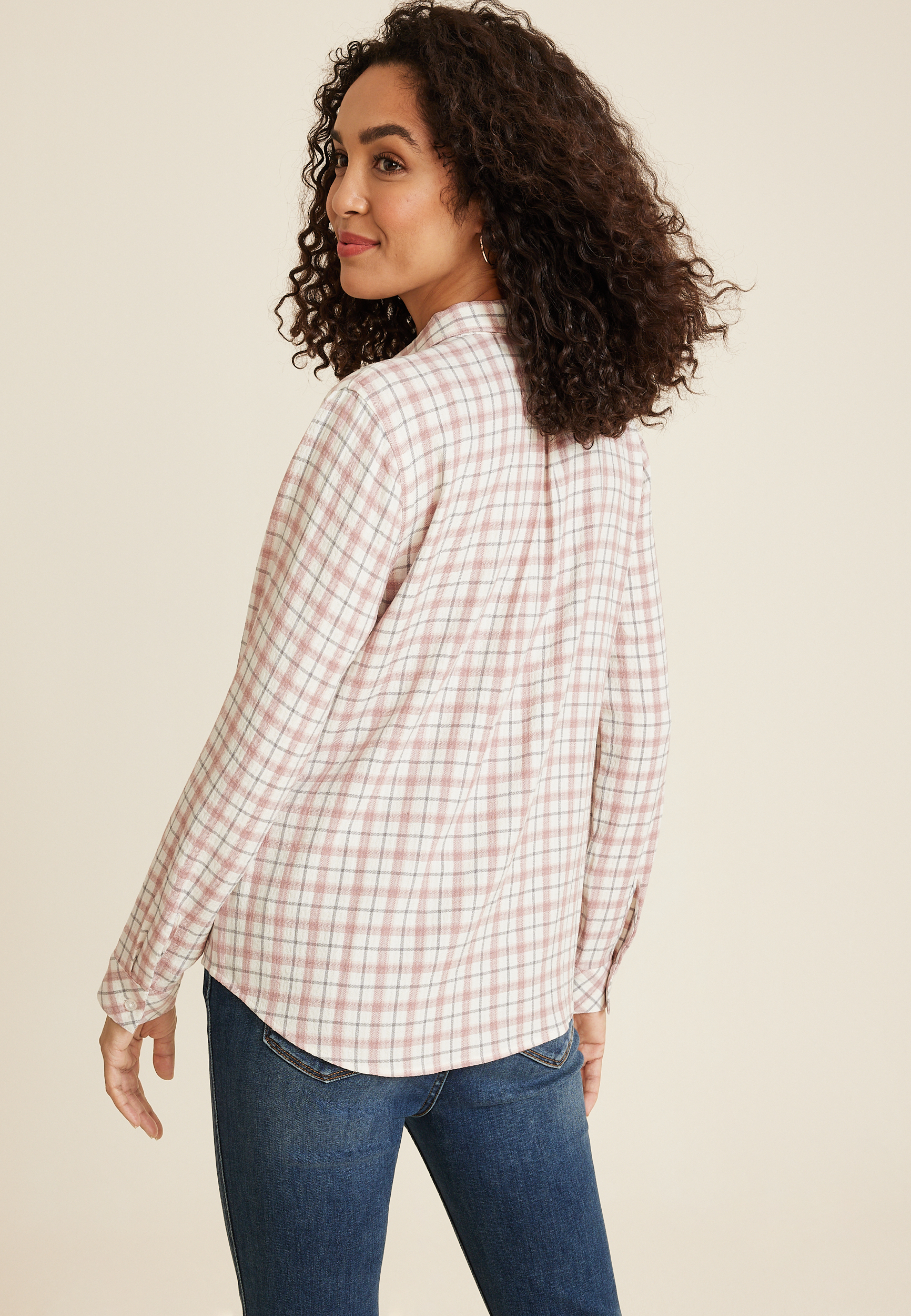 Pucker Plaid Button Up Shirt, C6136, large