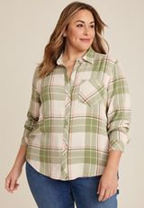 Plus Size Pucker Plaid Button Up Shirt, C4681, small