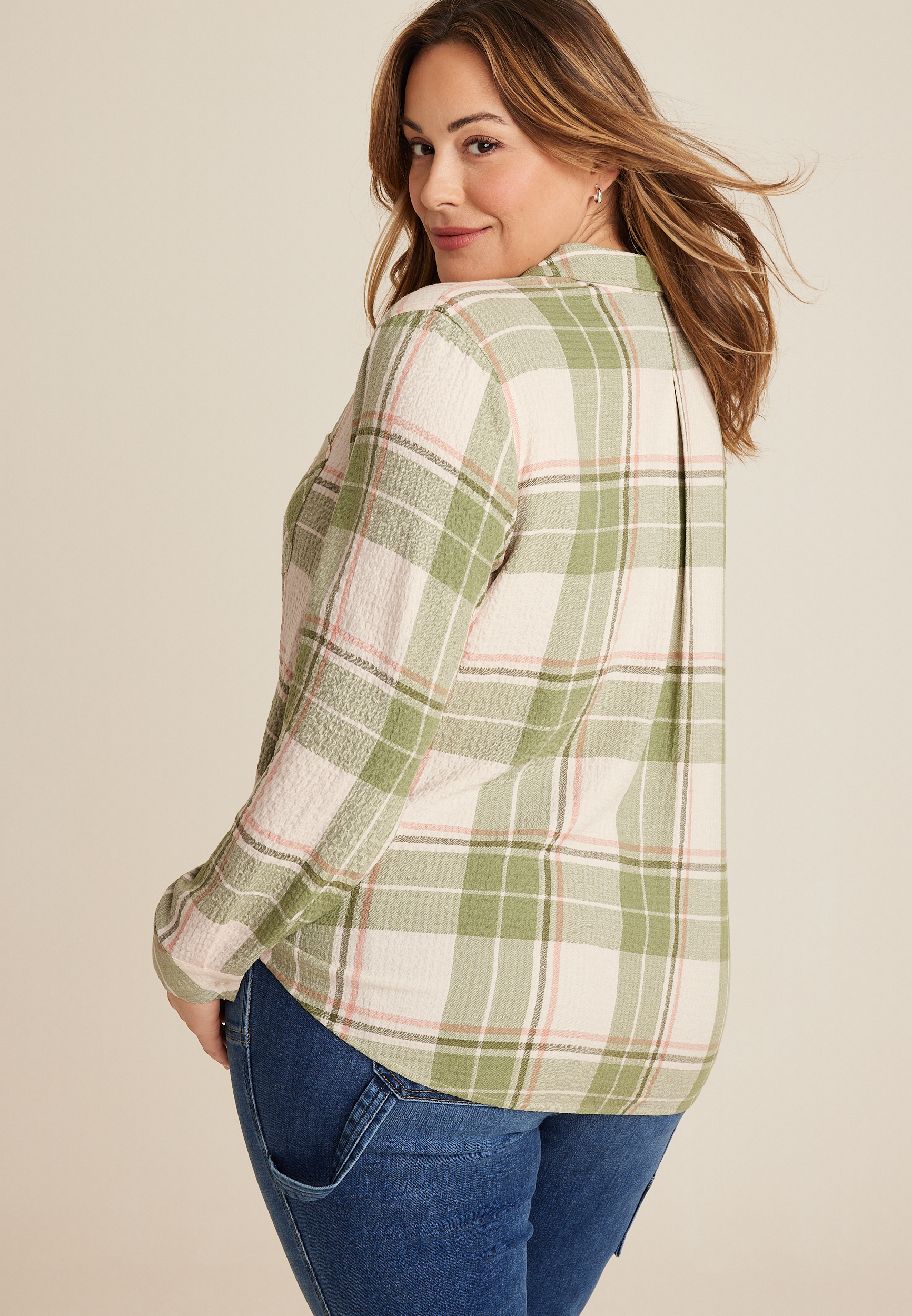Plus Size Pucker Plaid Button Up Shirt, C4681, large