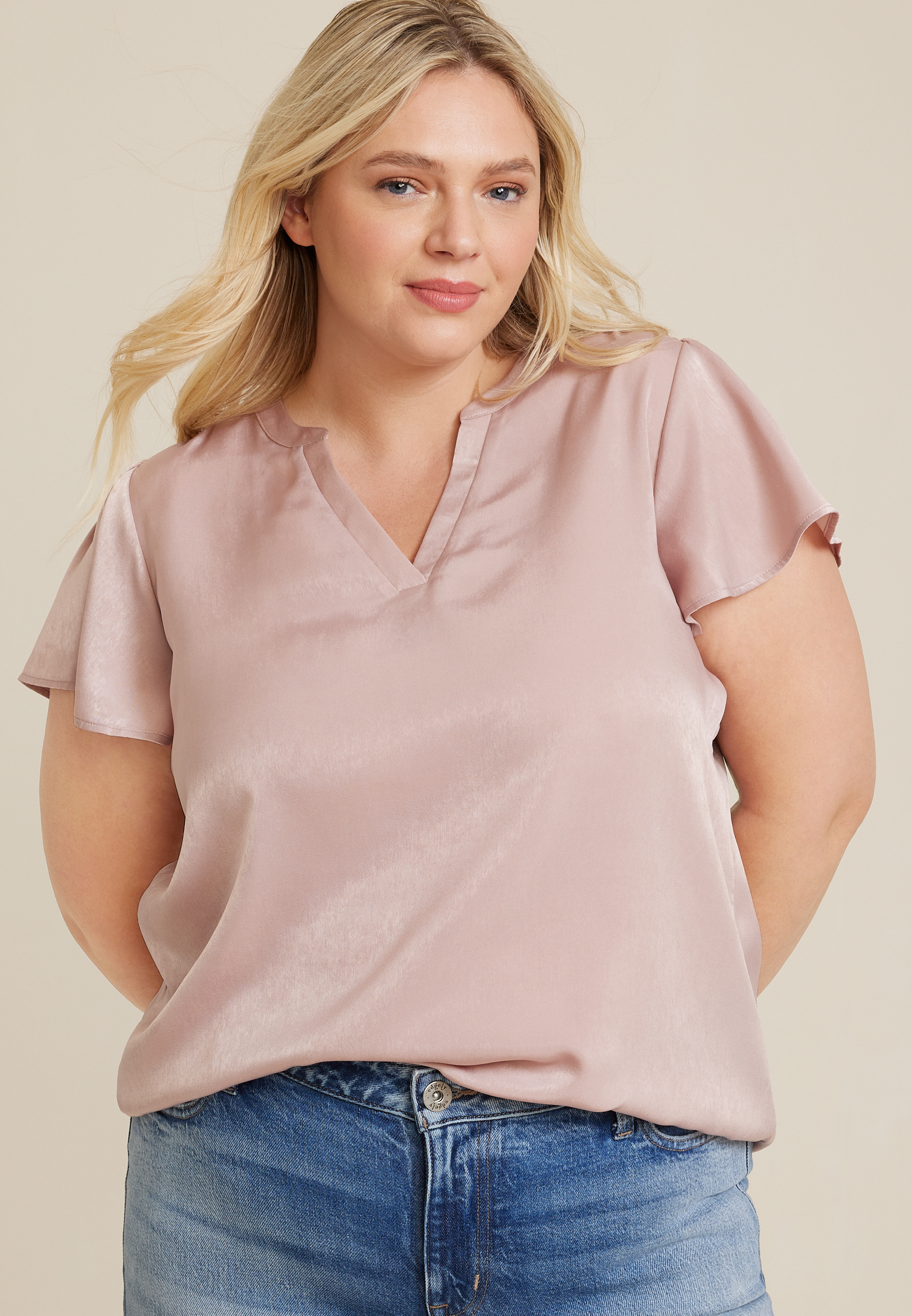 Plus Size Atwood Satin Flutter Sleeve Blouse | maurices