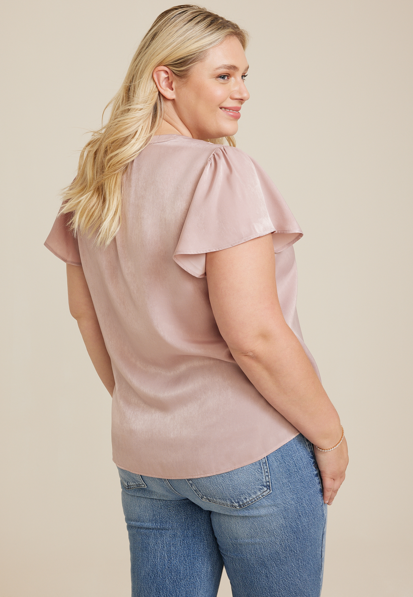 Plus Size Atwood Satin Flutter Sleeve Blouse, C8233, large