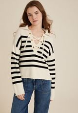 Stripe Lace Up Collared Sweater, C3986, small