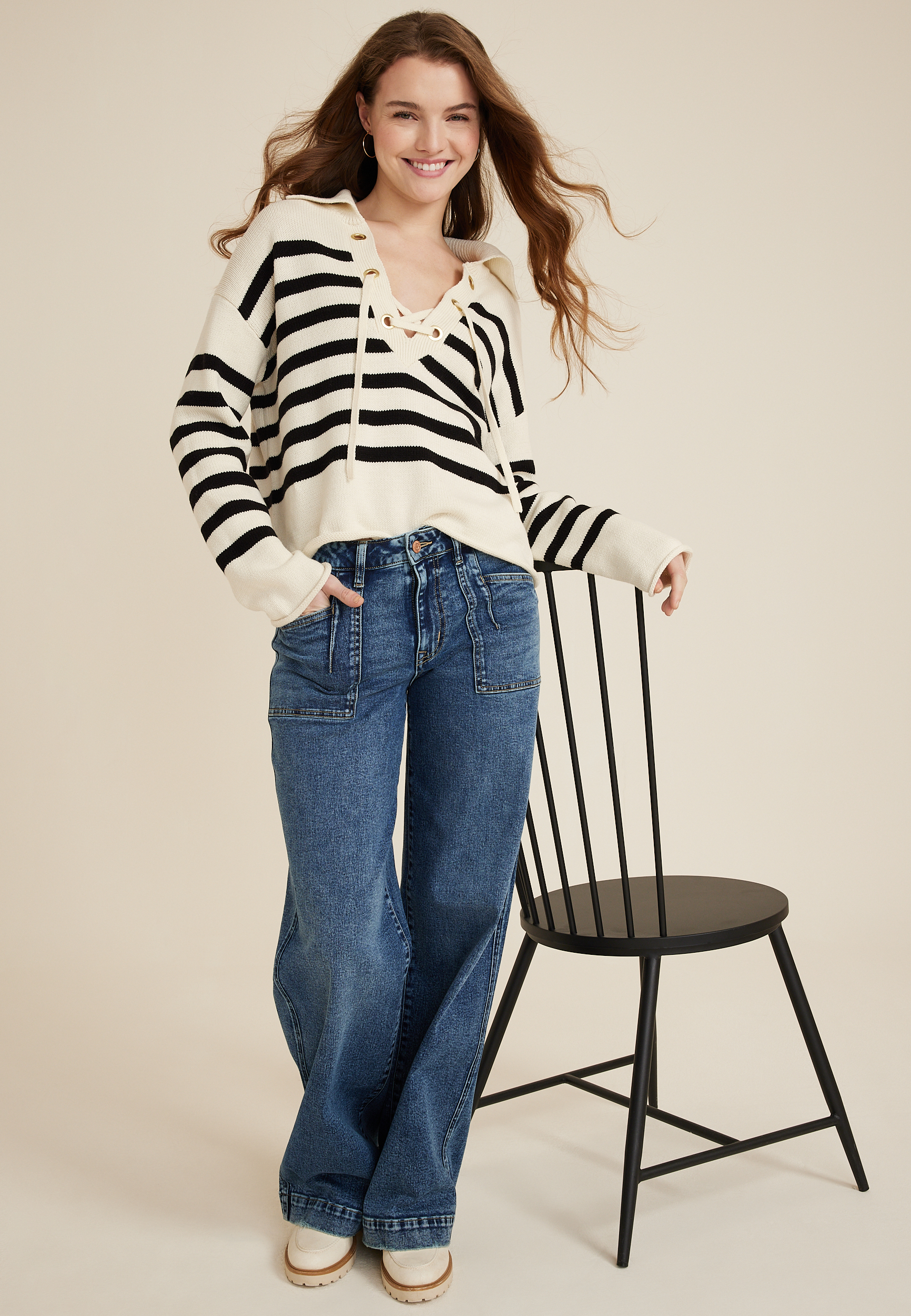 Stripe Lace Up Collared Sweater, C3986, large
