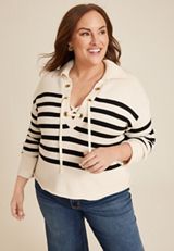 Plus Size Stripe Lace Up Collared Sweater, ECRU COMBO, small