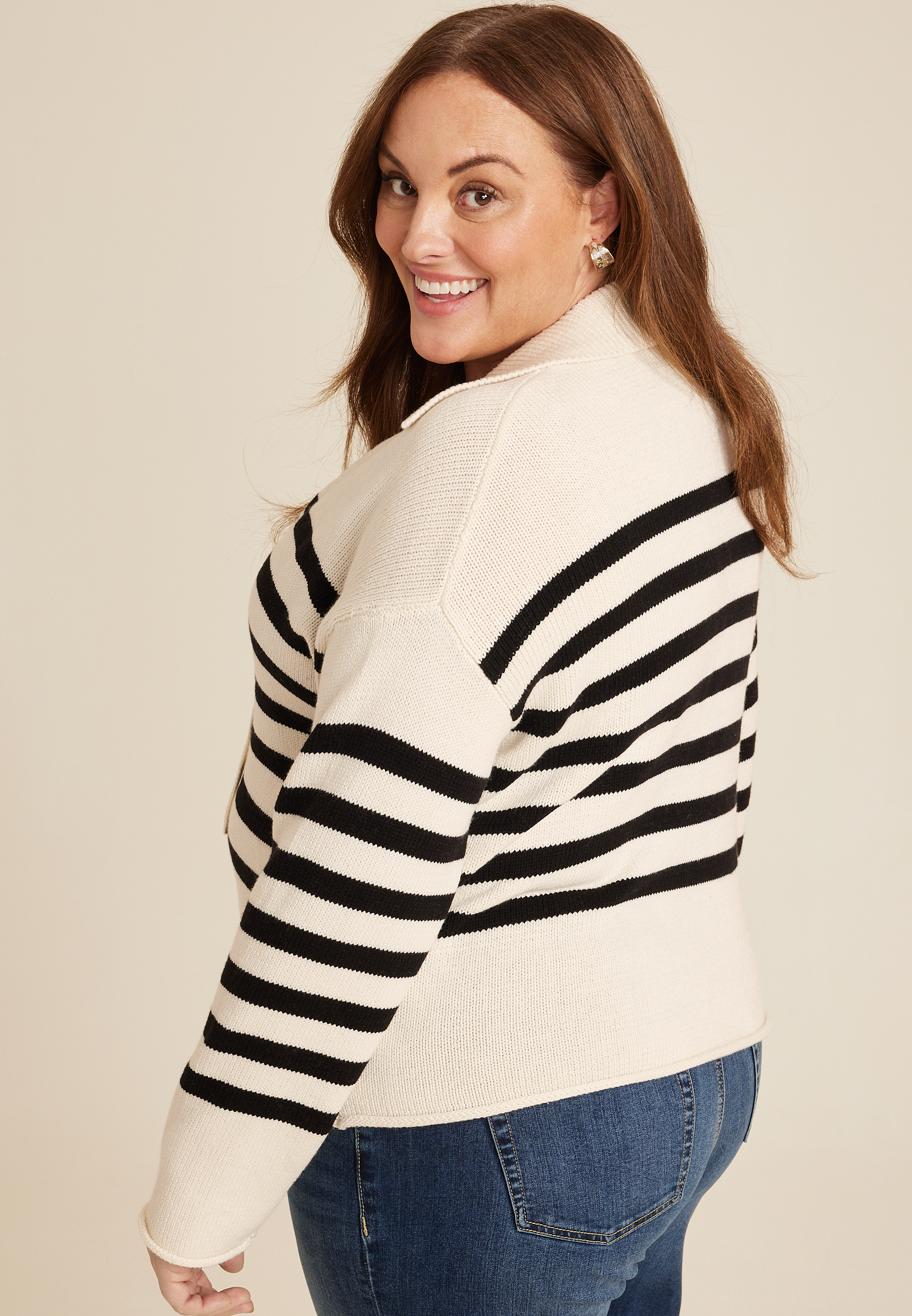 Plus Size Stripe Lace Up Collared Sweater, ECRU COMBO, large