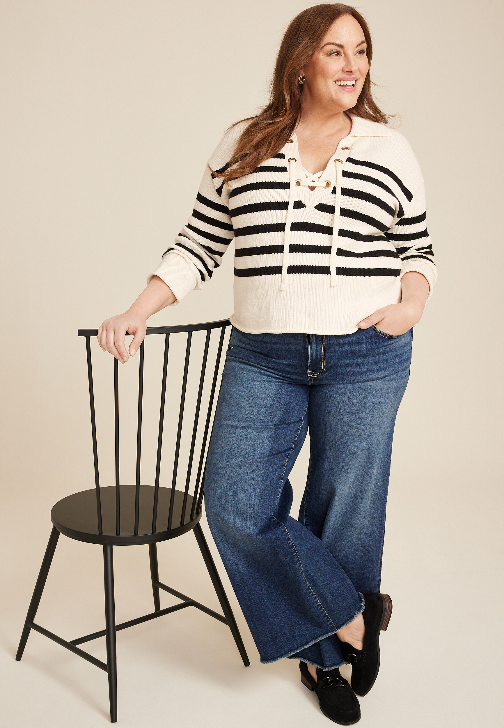 Plus Size Stripe Lace Up Collared Sweater, ECRU COMBO, large