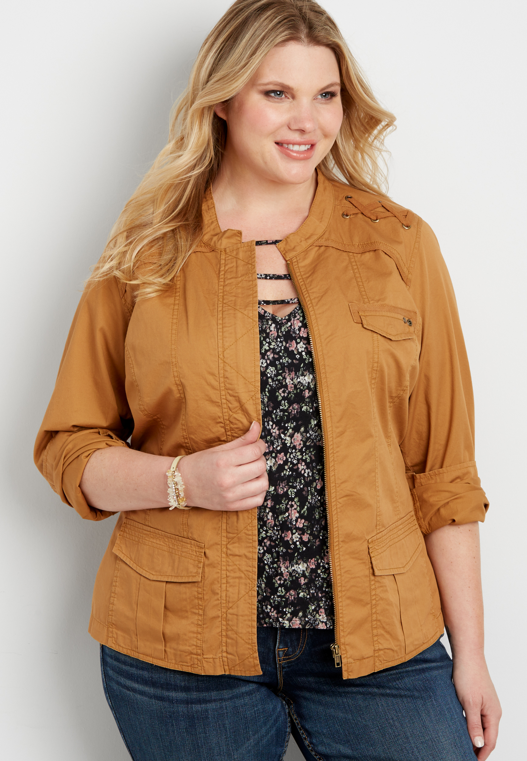 Plus Size Jacket With Lace Up Shoulder Detail 