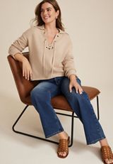 Lace Up Collared Sweater, C3968, small
