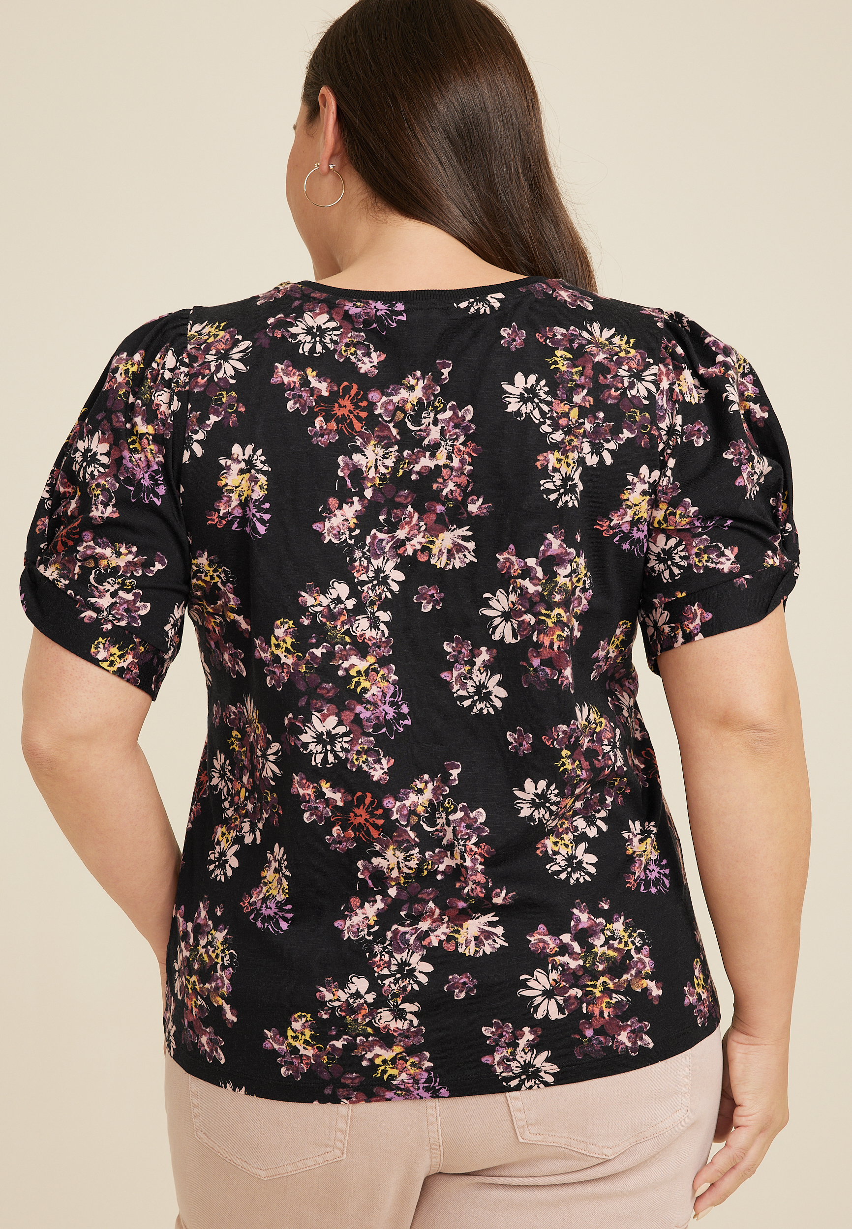 Plus Size Floral Twist Puff Sleeve Tee, C1943, large