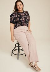 Plus Size Floral Twist Puff Sleeve Tee, C1943, small