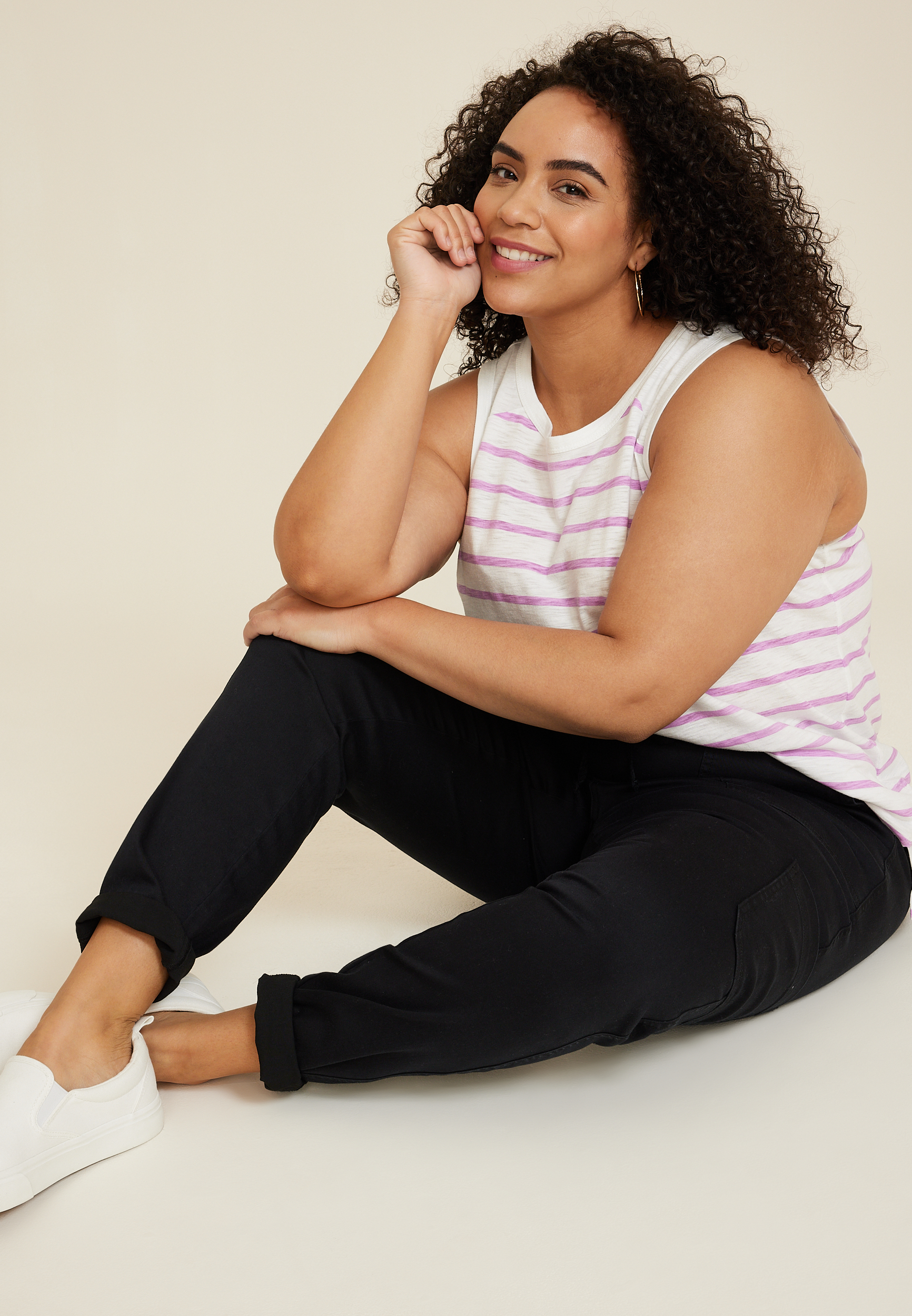 Plus Size 24/7 Eagan Striped Crew Neck Tank Top, LILAC COMBO, large