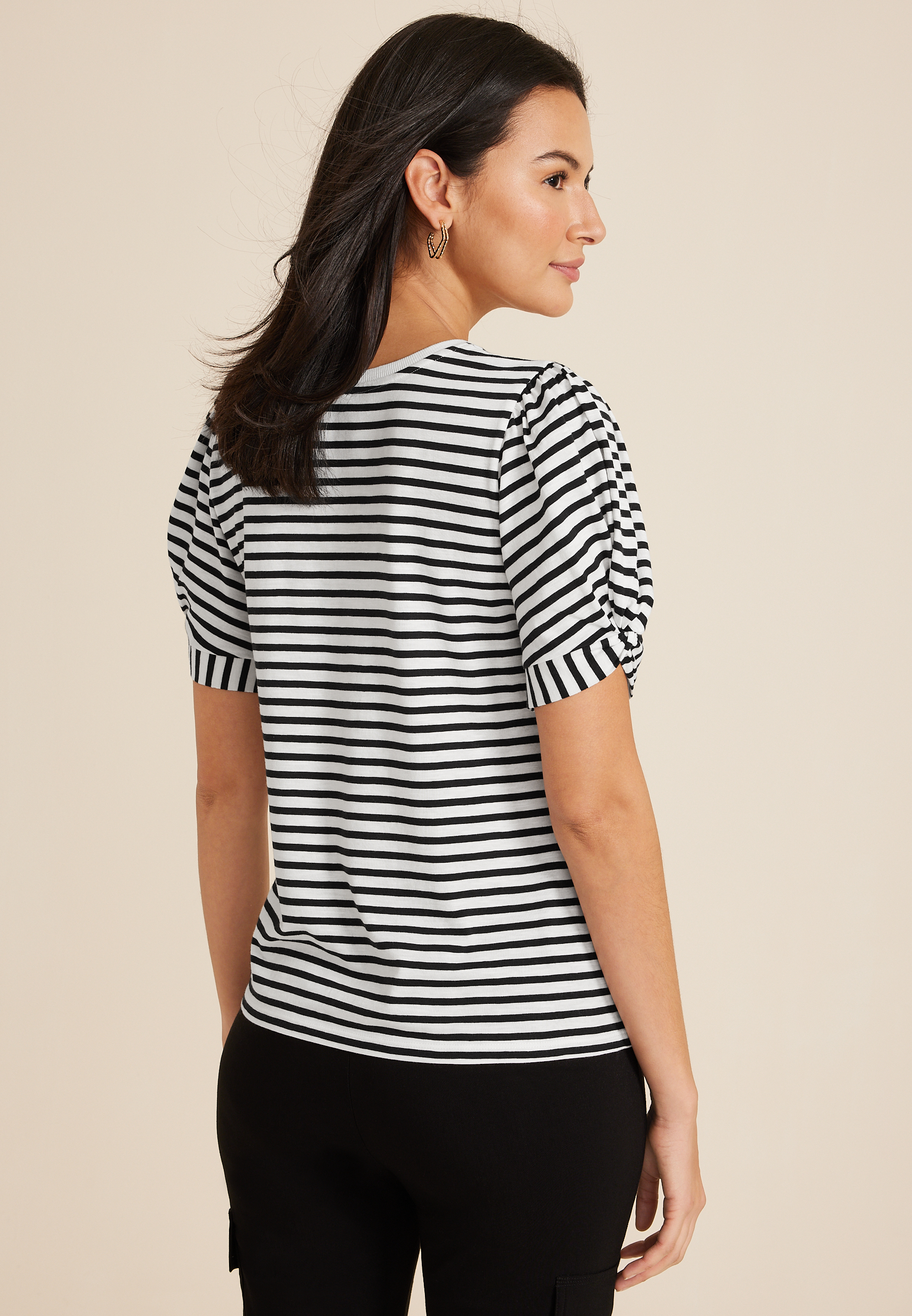 Striped Twist Puff Sleeve Tee, C1756, large