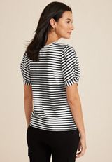 Striped Twist Puff Sleeve Tee, C1756, small