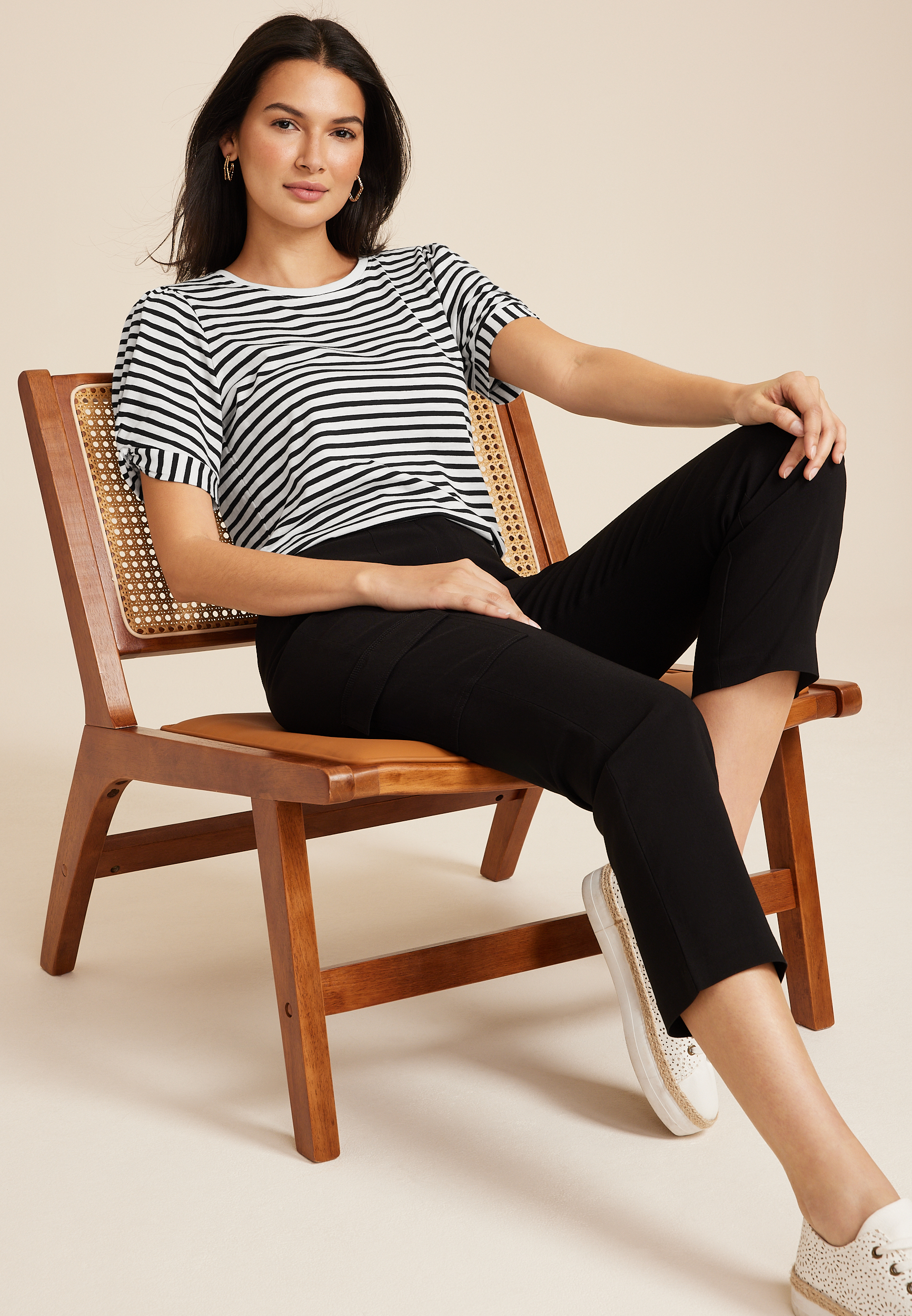 Striped Twist Puff Sleeve Tee, C1756, large