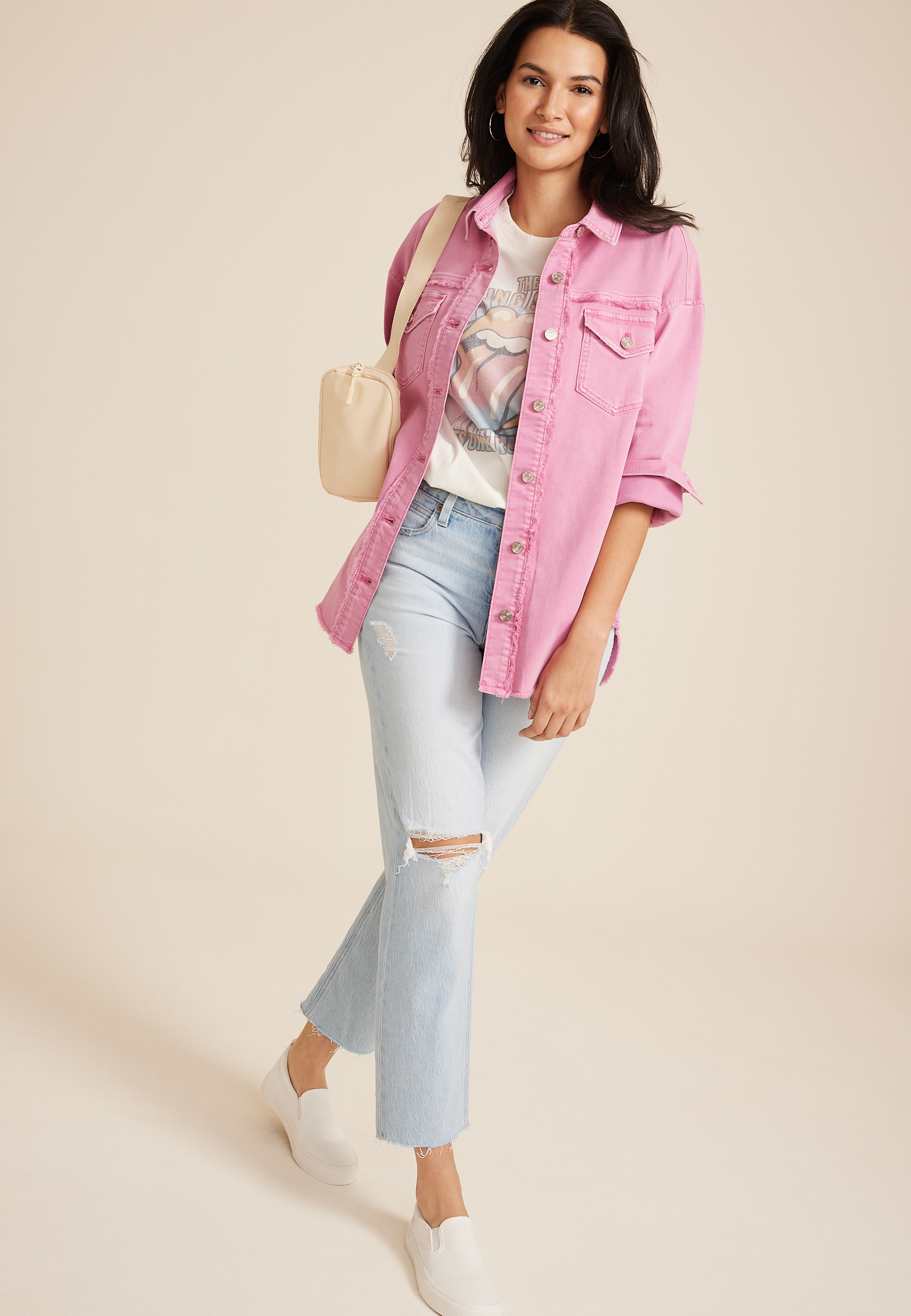 Pink Denim Oversized Shacket, C595, large