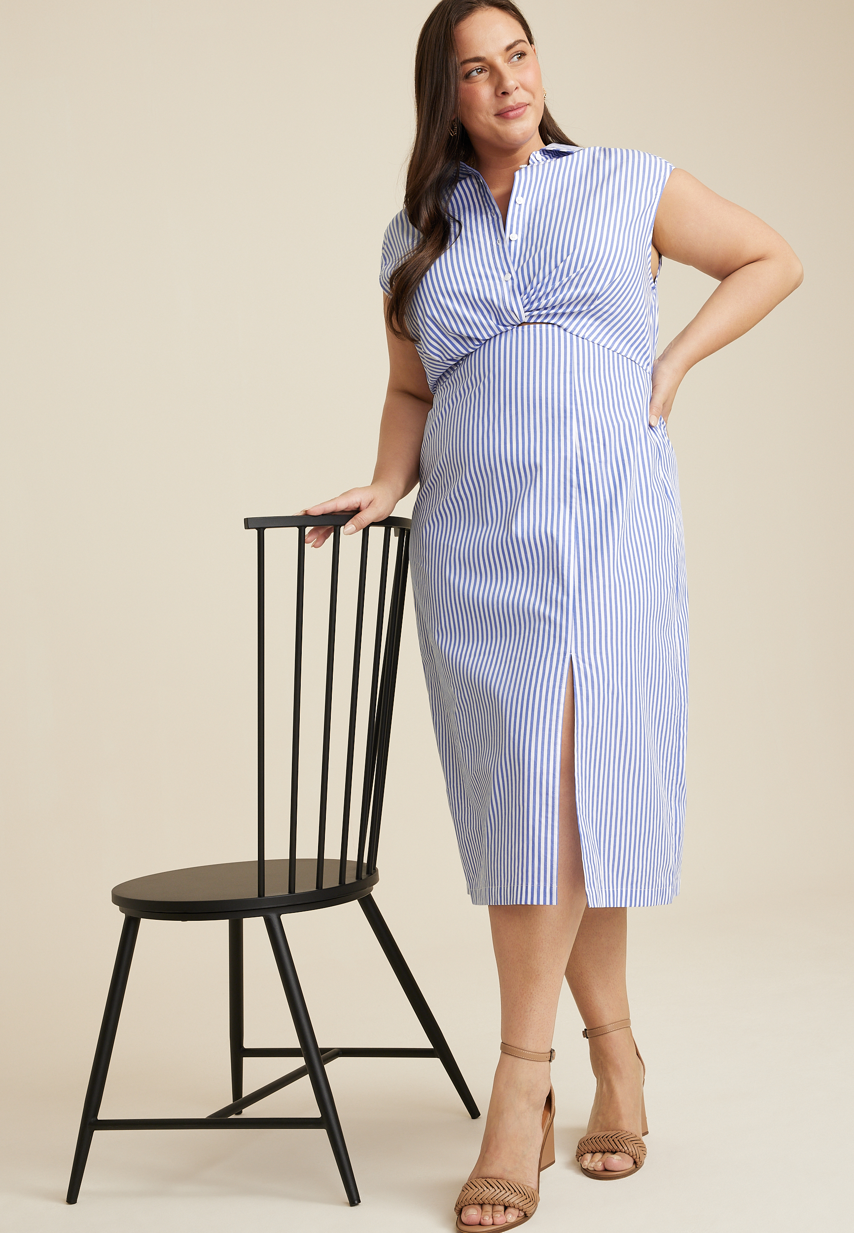 Plus Size Striped Twist Front Shirt Dress, NAVY COMBO, large
