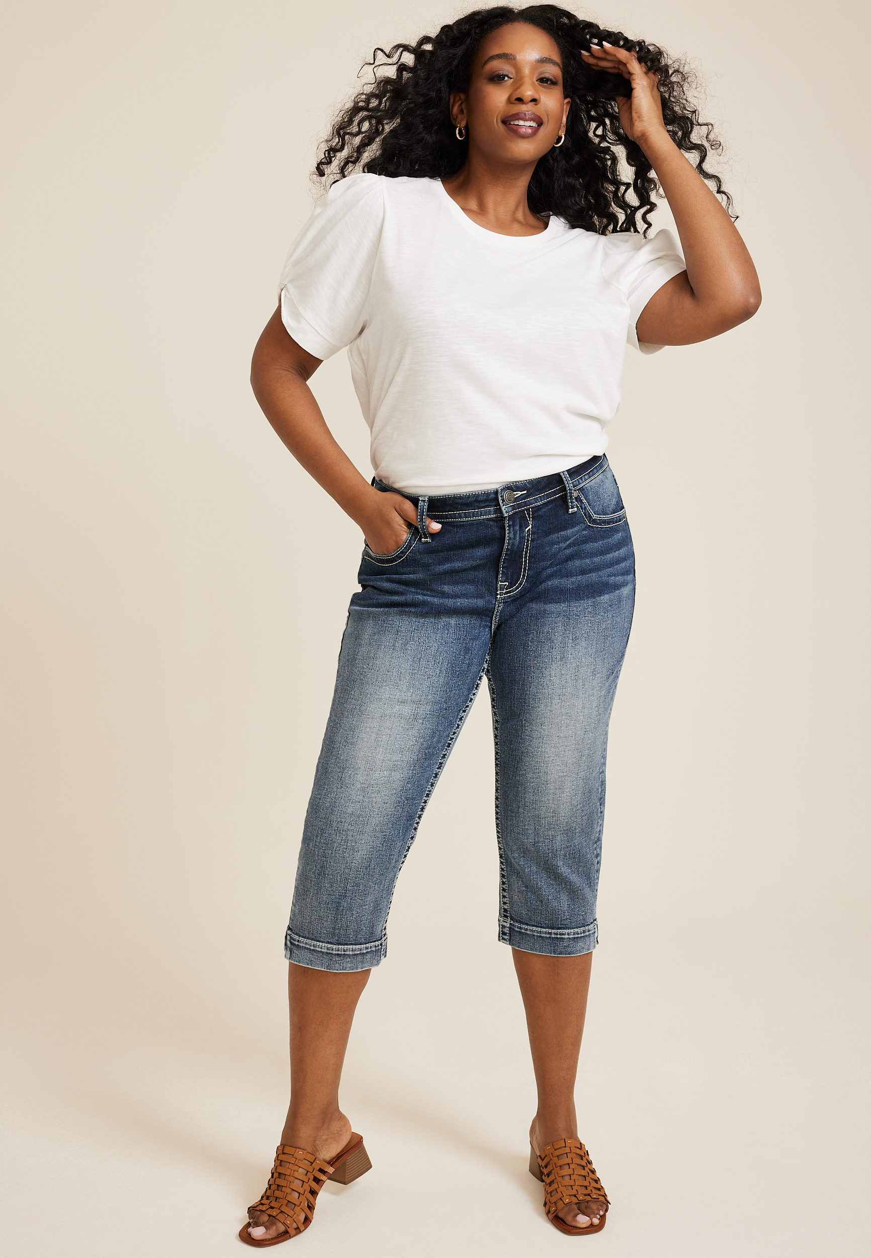 Plus Size Vigoss&reg; Heritage Mid Rise Arrow Stitch Capri Jean, C258, large