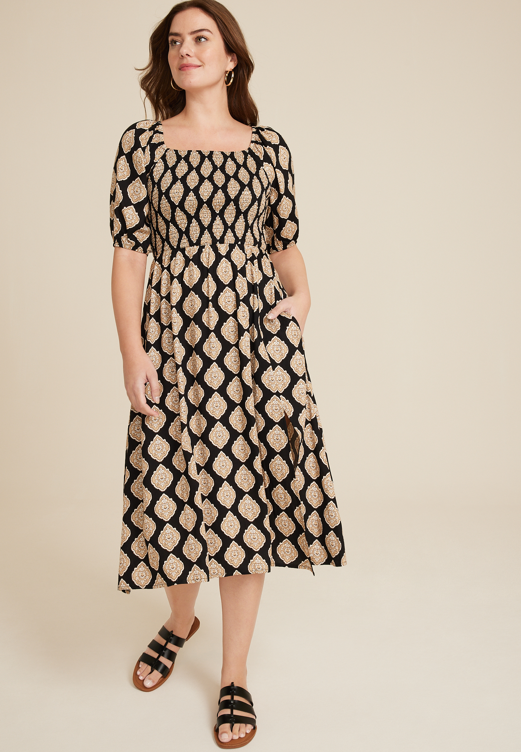Smocked Puff Sleeve Midi Dress maurices