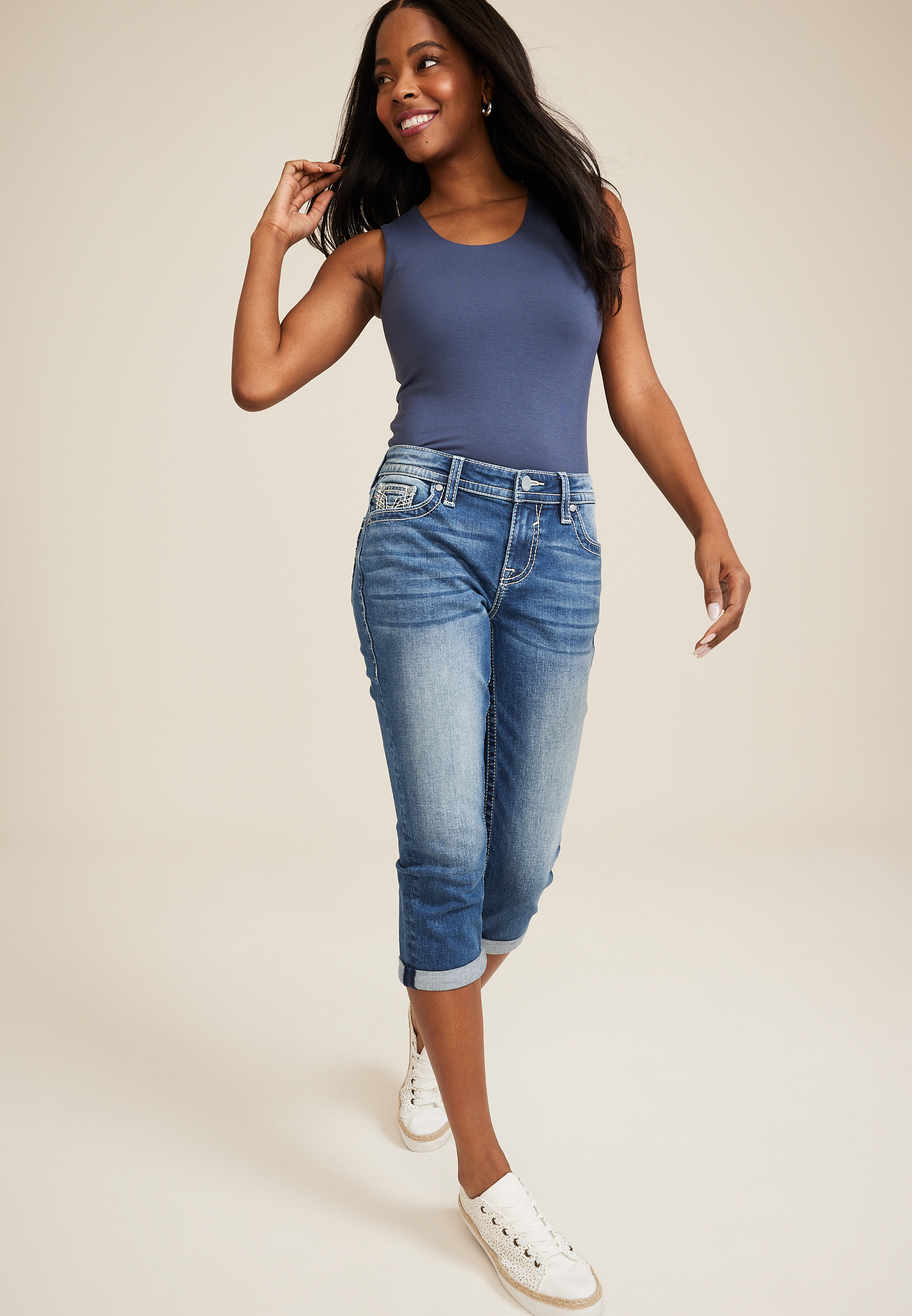 Vigoss&reg; Heritage Mid Rise Star Embellished Flap Pocket Capri, C258, large