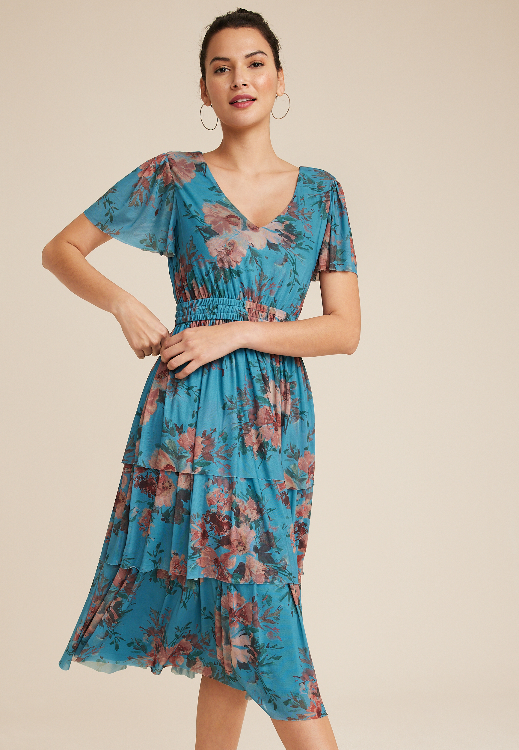 Floral Print Flutter-sleeve Matching Midi Tank Dresses