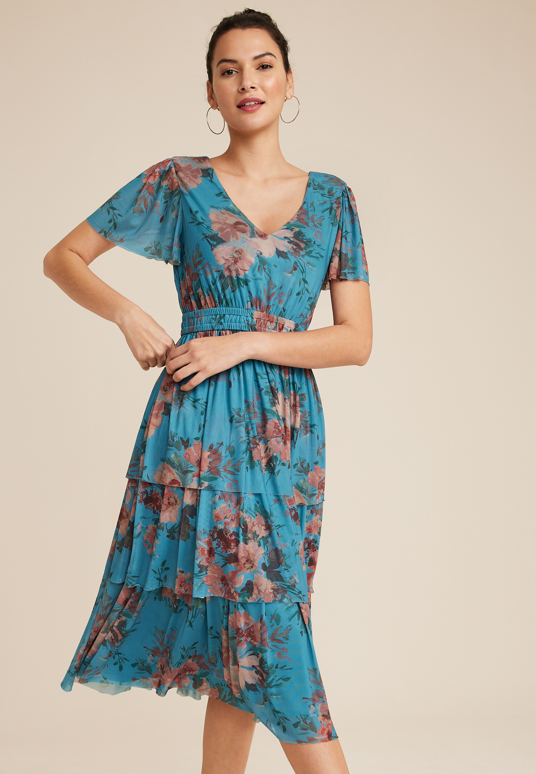 Floral Flutter Sleeve Tiered Midi Dress