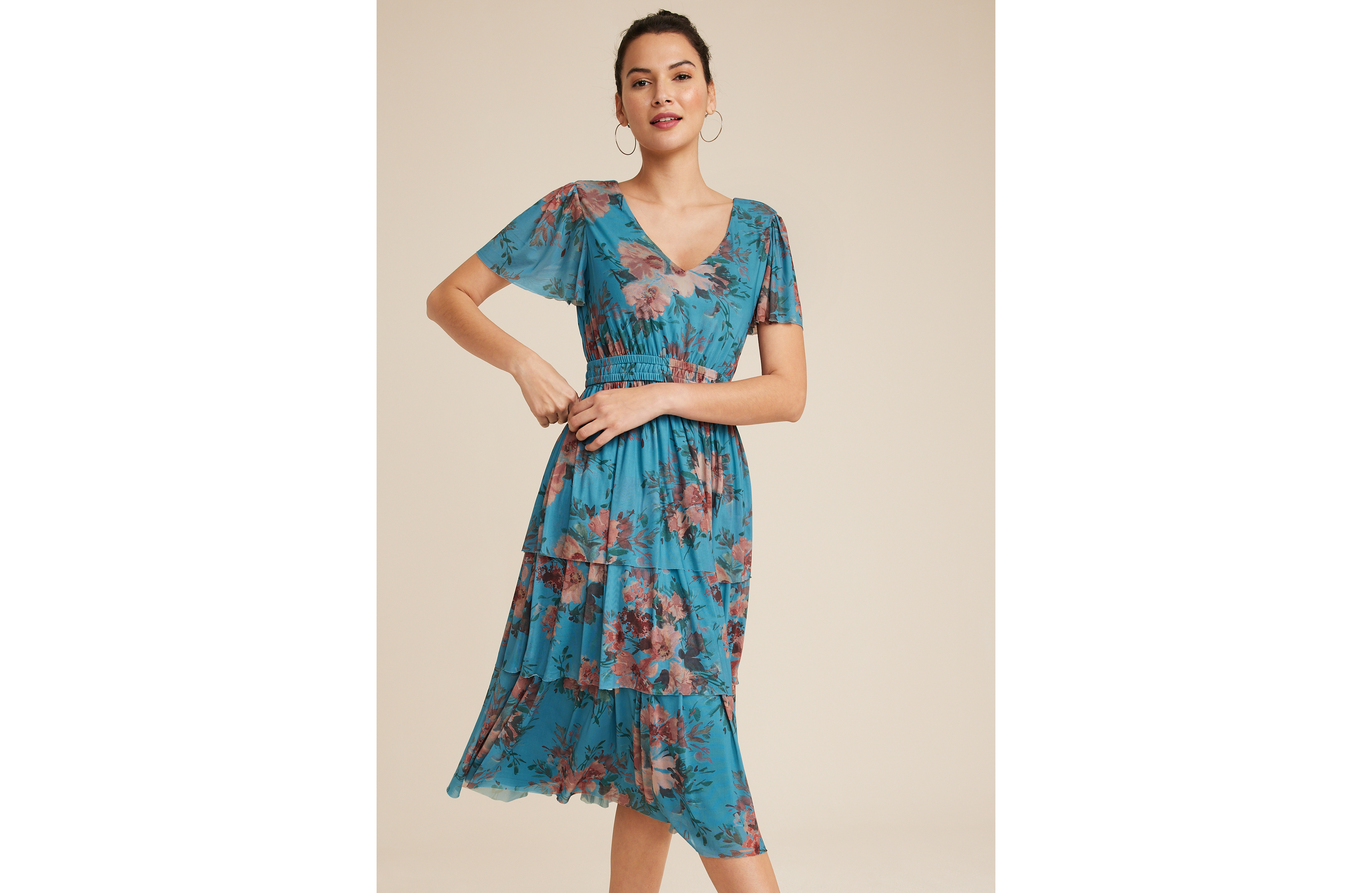Floral Flutter Sleeve Tiered Midi Dress
