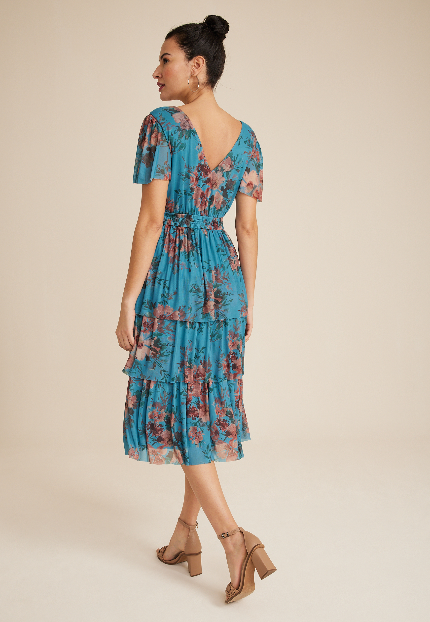 Floral Flutter Sleeve Tiered Midi Dress, C3350, large
