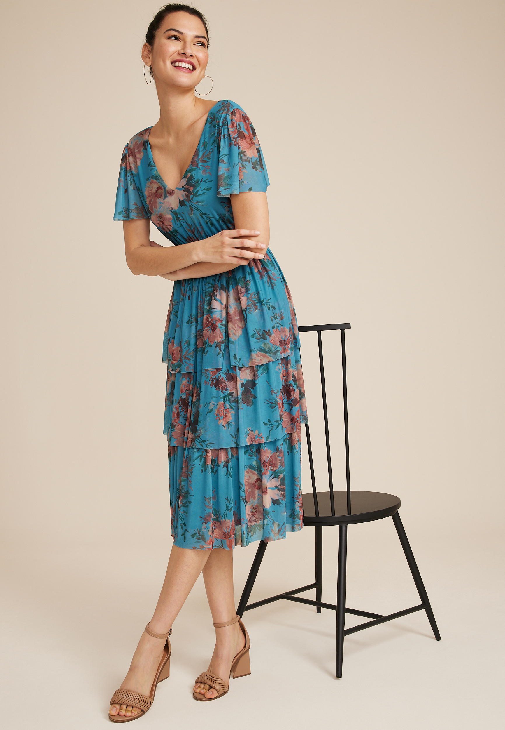 Floral Flutter Sleeve Tiered Midi Dress, C3350, large