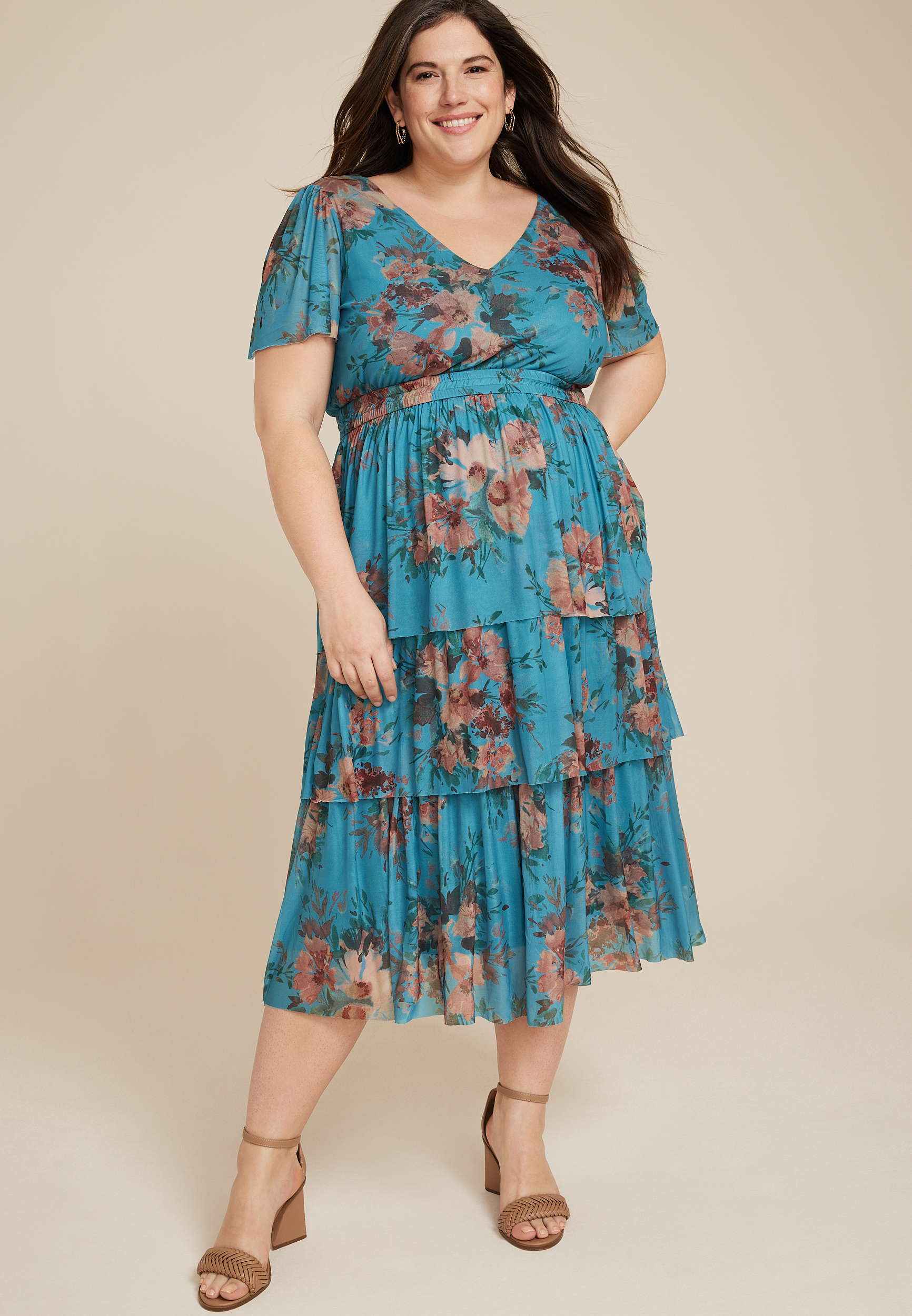 Plus Floral Flutter Sleeve Tiered Midi Dress