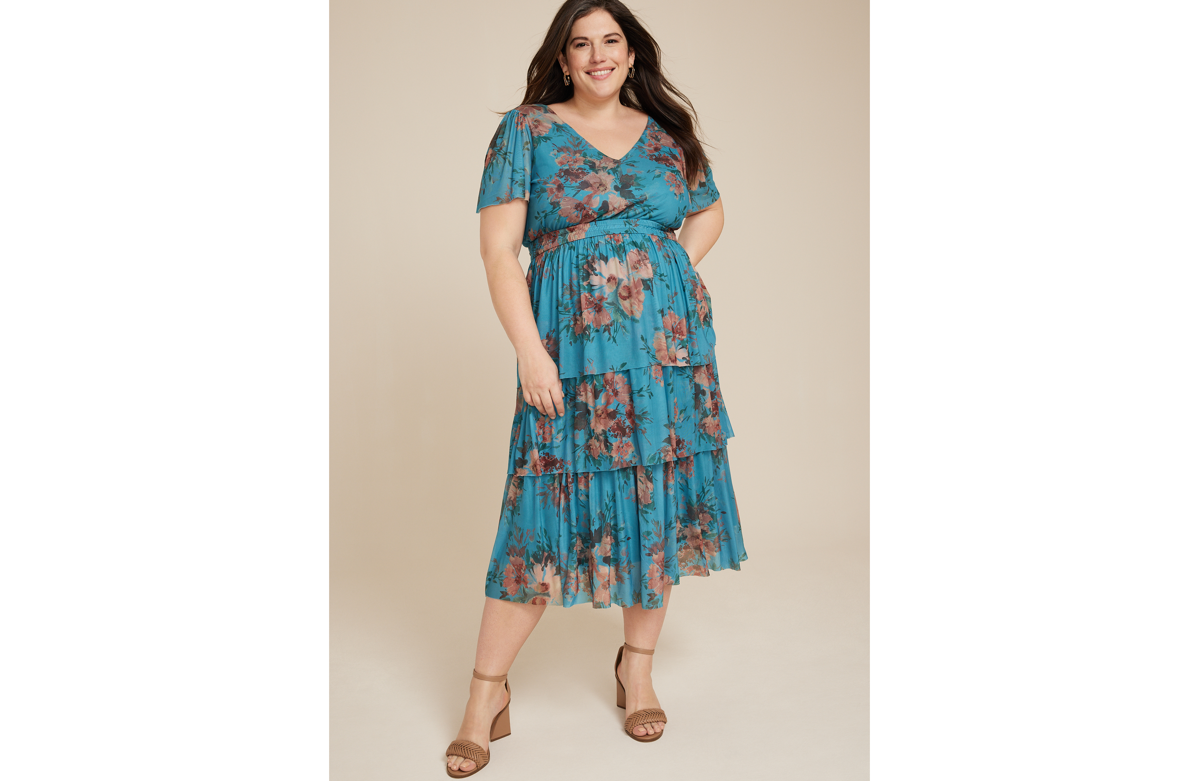 Plus Floral Flutter Sleeve Tiered Midi Dress