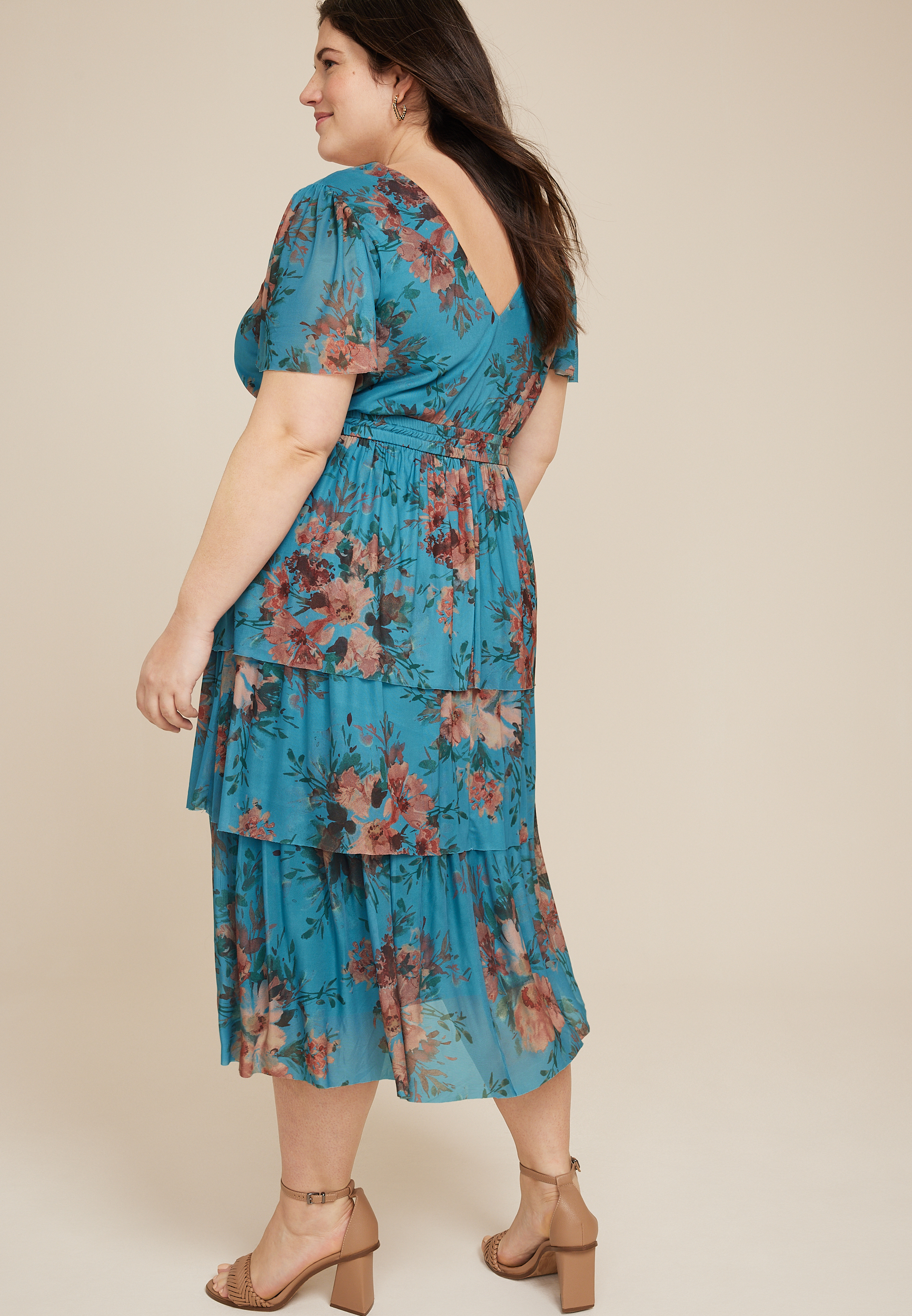 Plus Size Floral Flutter Sleeve Tiered Midi Dress, C3350, large
