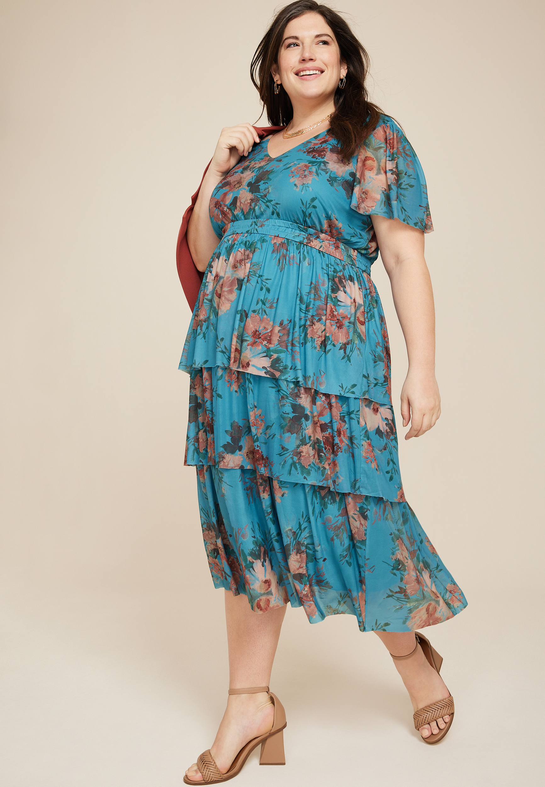 Plus Size Floral Flutter Sleeve Tiered Midi Dress, C3350, large