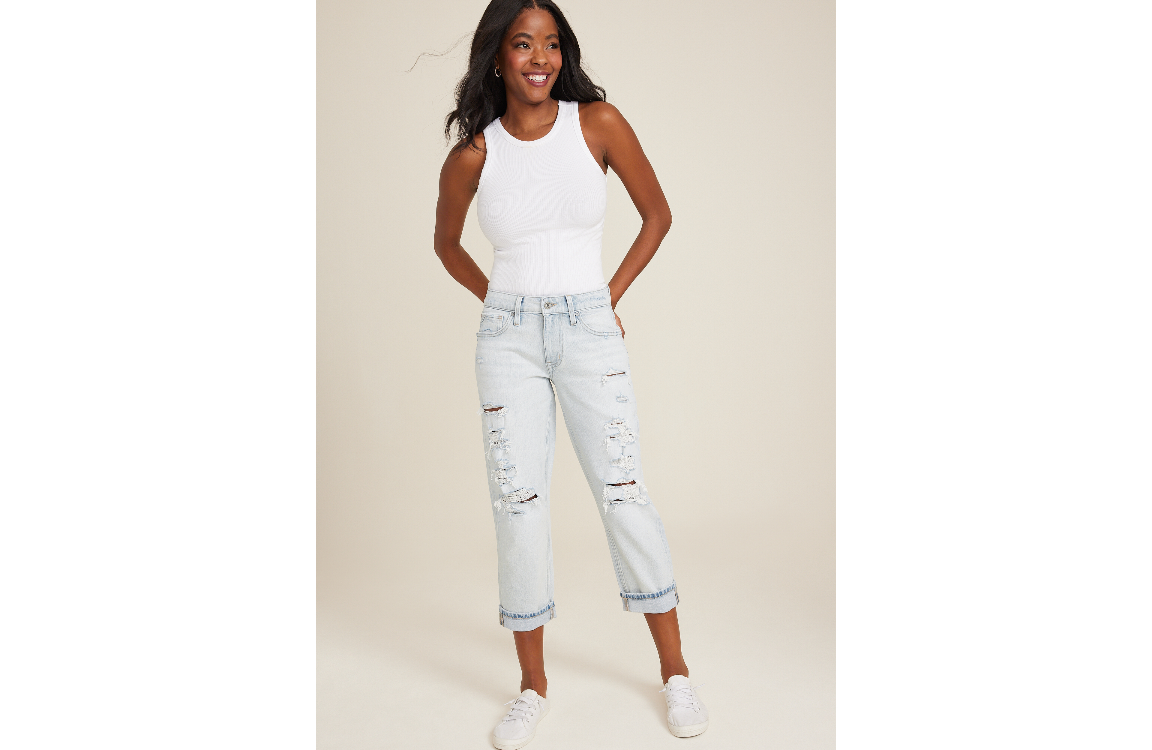 edgely™ Mid Rise Ripped Relaxed Boyfriend Cropped Jean