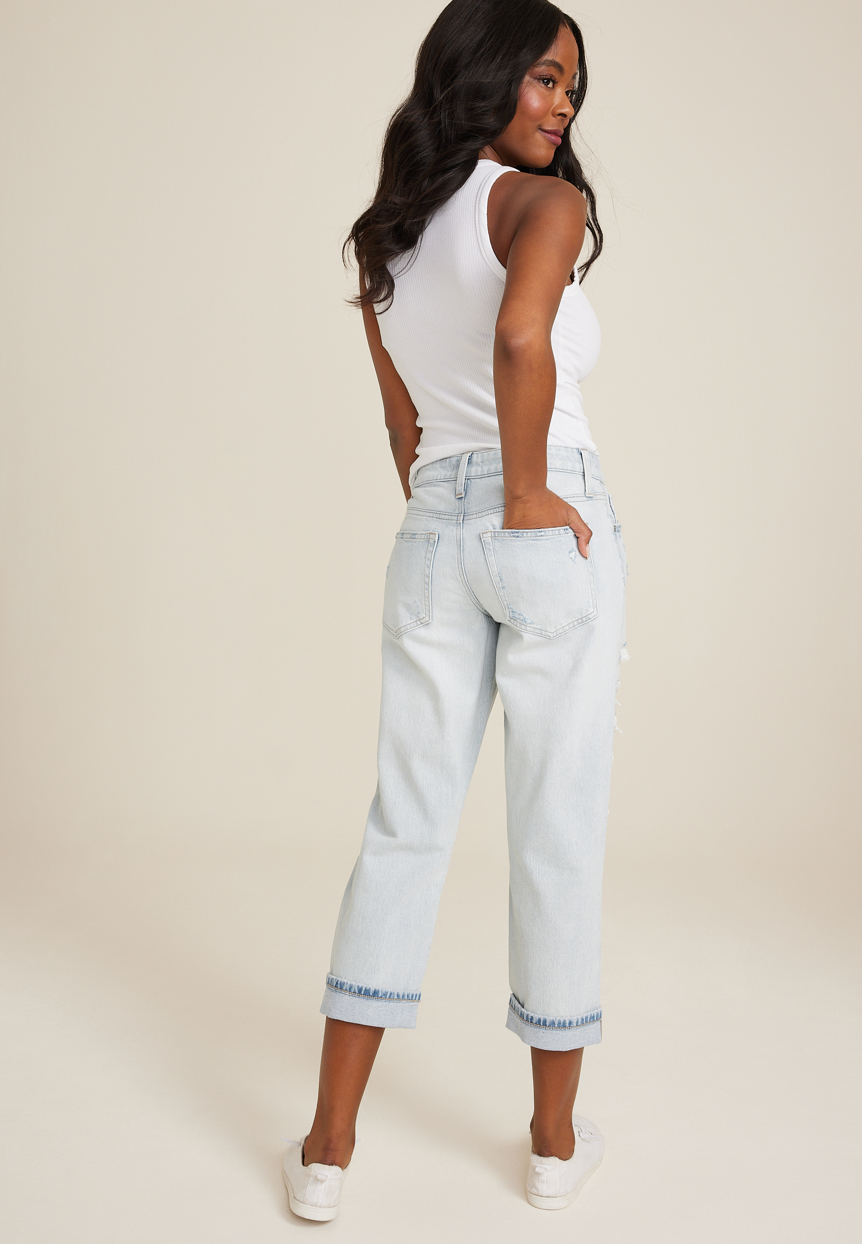 edgely&trade; Mid Rise Ripped Relaxed Boyfriend Cropped Jean, C2806, large