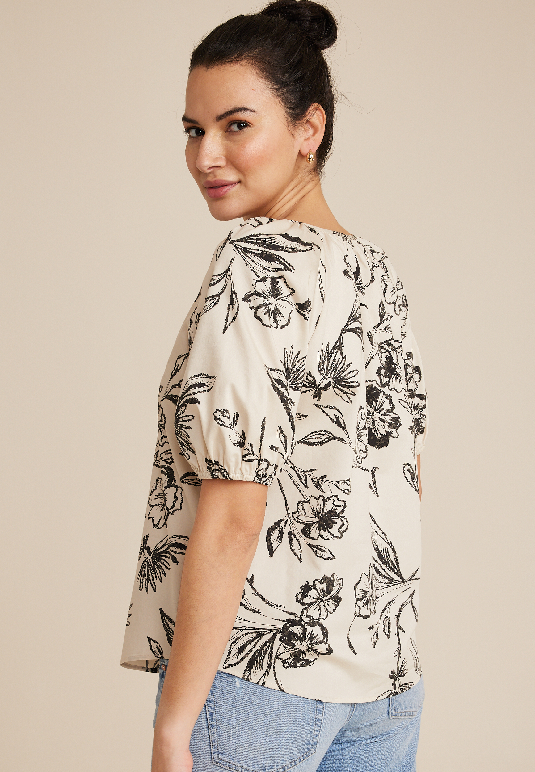 Floral Puff Sleeve Poplin Blouse, C4681, large